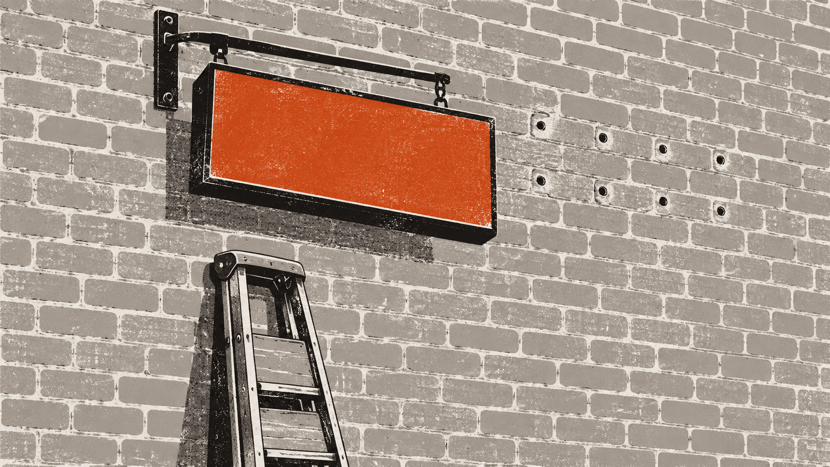 A blank bank sign hangs from a single bracket on a brick wall, with old fixing holes beside it and a folded stepladder standing below.