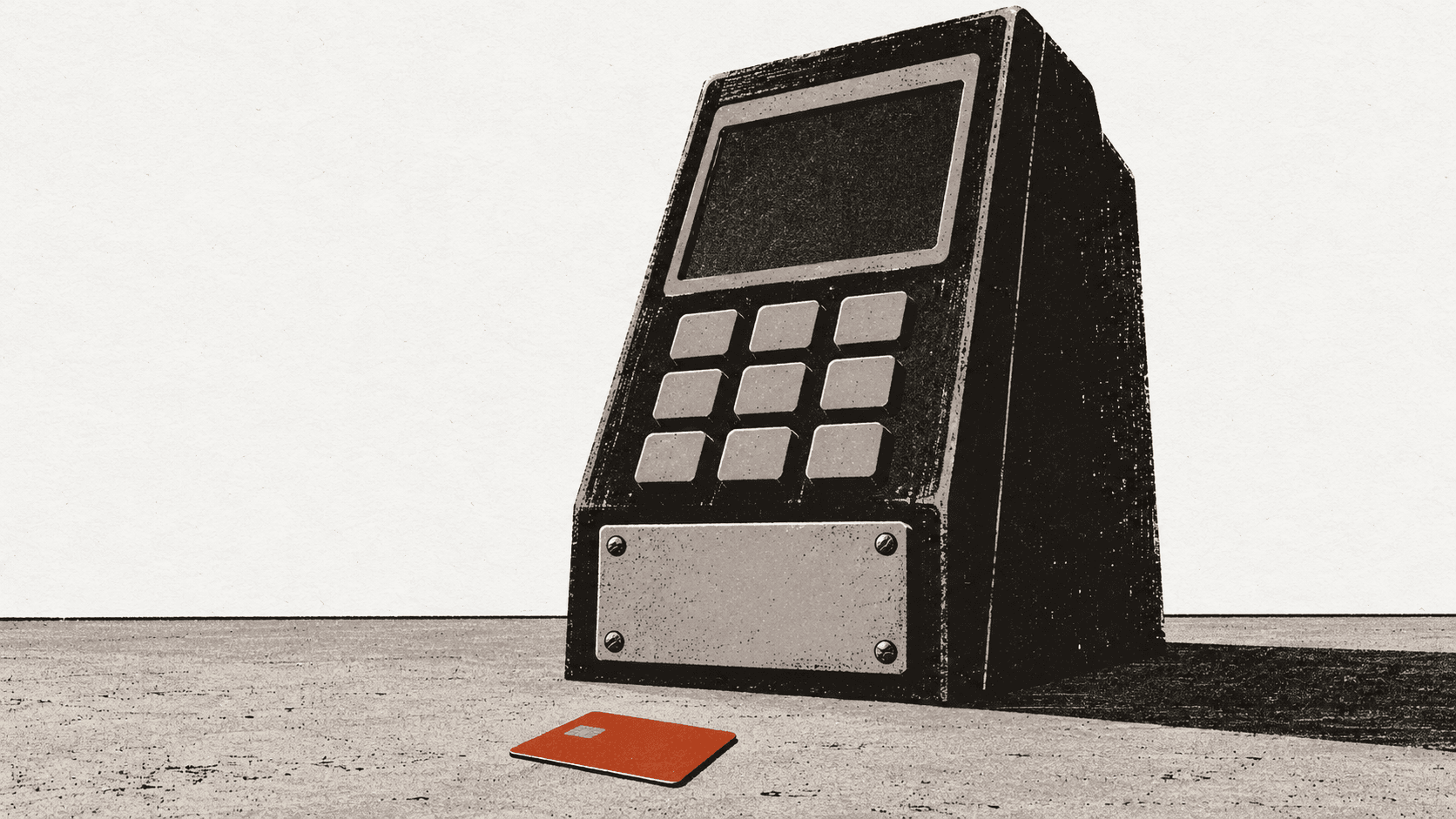 An enormous card payment terminal alone in a bare shop, its card slot covered by a plain metal plate, with a bank card lying on the floor beneath it.