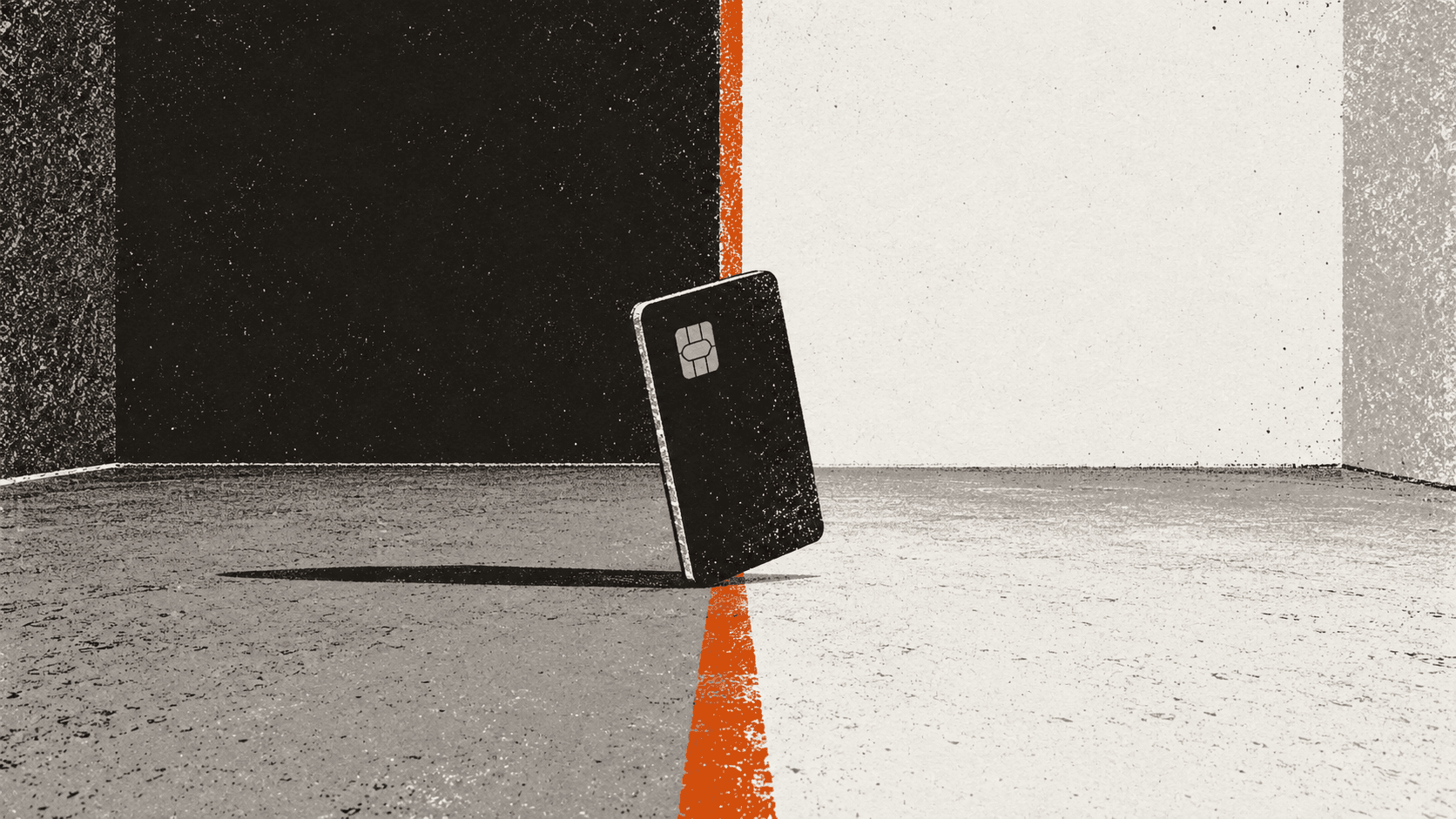 A bank card balanced on its edge on a line painted across an otherwise empty floor, tilting but not yet fallen to either side.