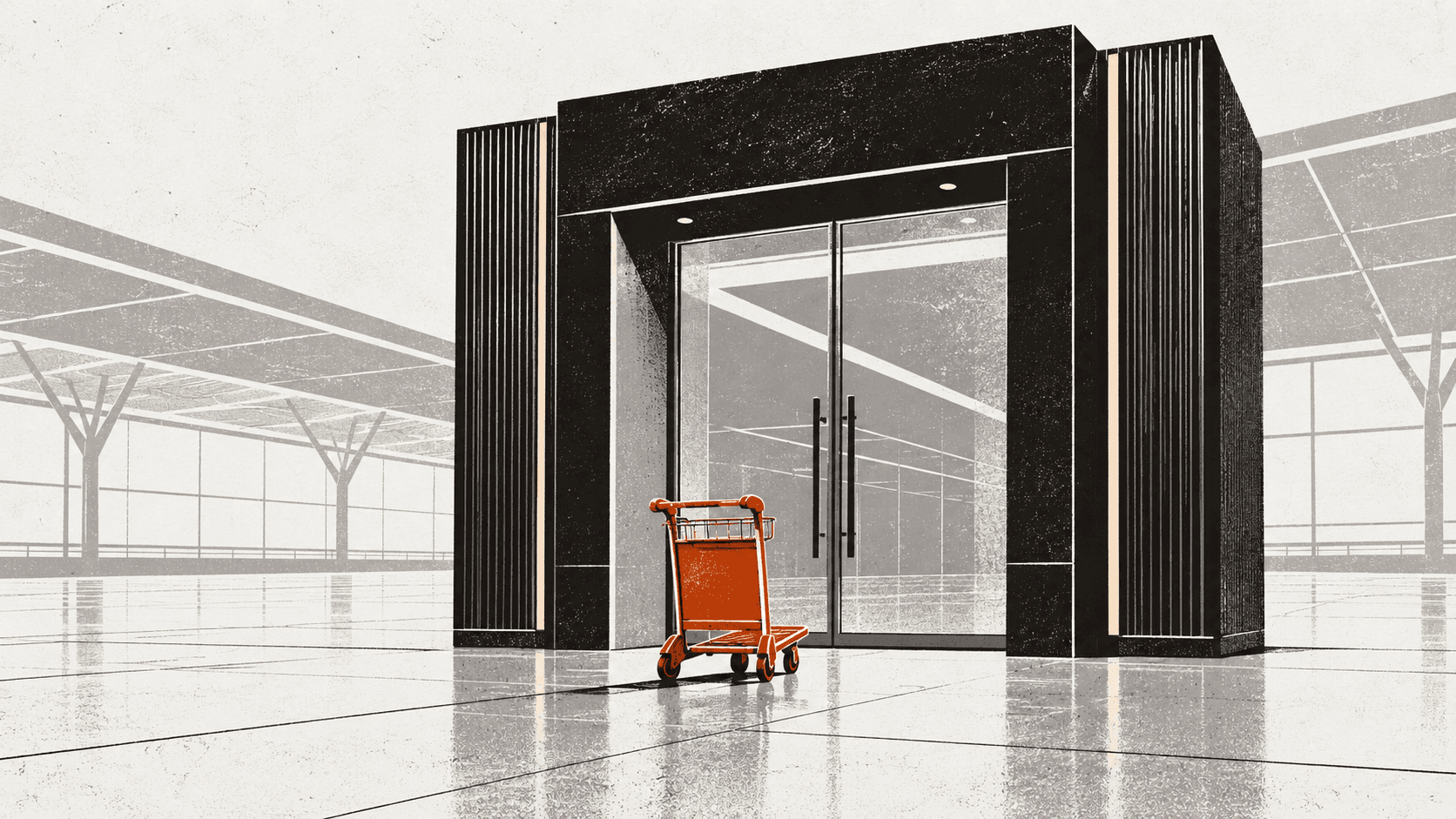 A lone, oversized airport lounge entrance with closed glass doors and no sign above it, standing in an empty terminal hall with a single luggage trolley waiting in front.