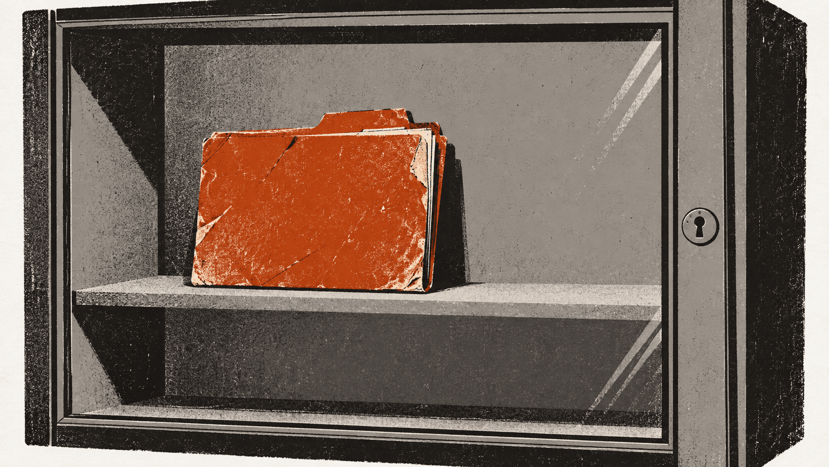 An old, worn paper folder sits alone on a shelf inside a locked glass cabinet, with no key in its keyhole.