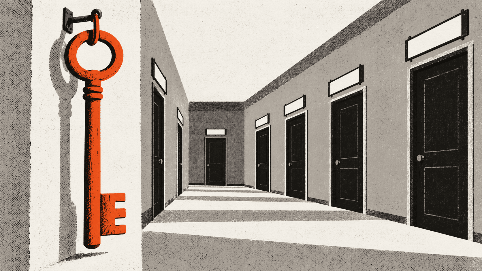 A giant brass key hangs on a hook at the front of a bare corridor lined with identical shut doors, each with an empty board above it.