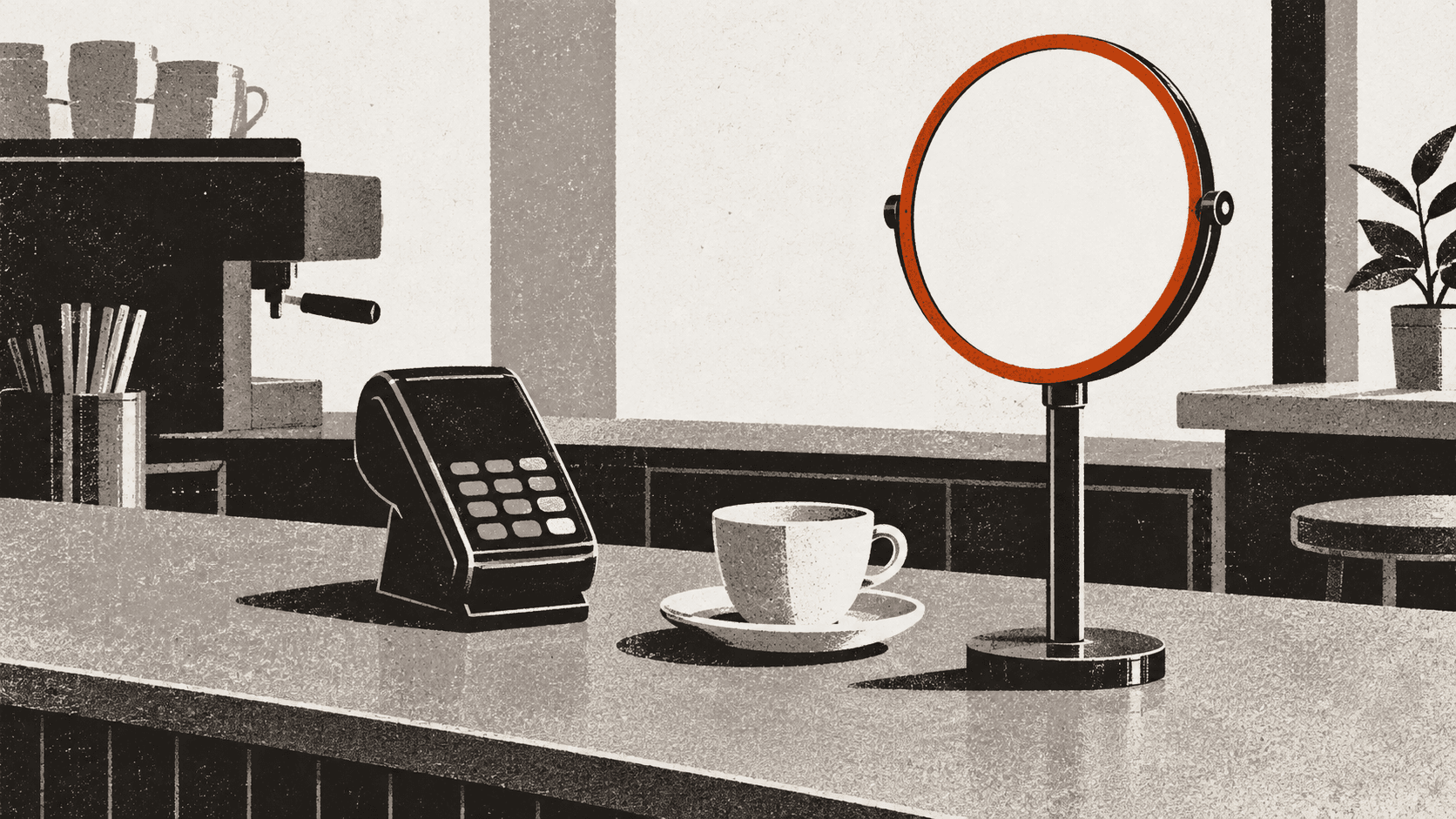 A café counter showing a card payment terminal beside a small mounted mirror, with an empty coffee cup on the counter and no customer present.