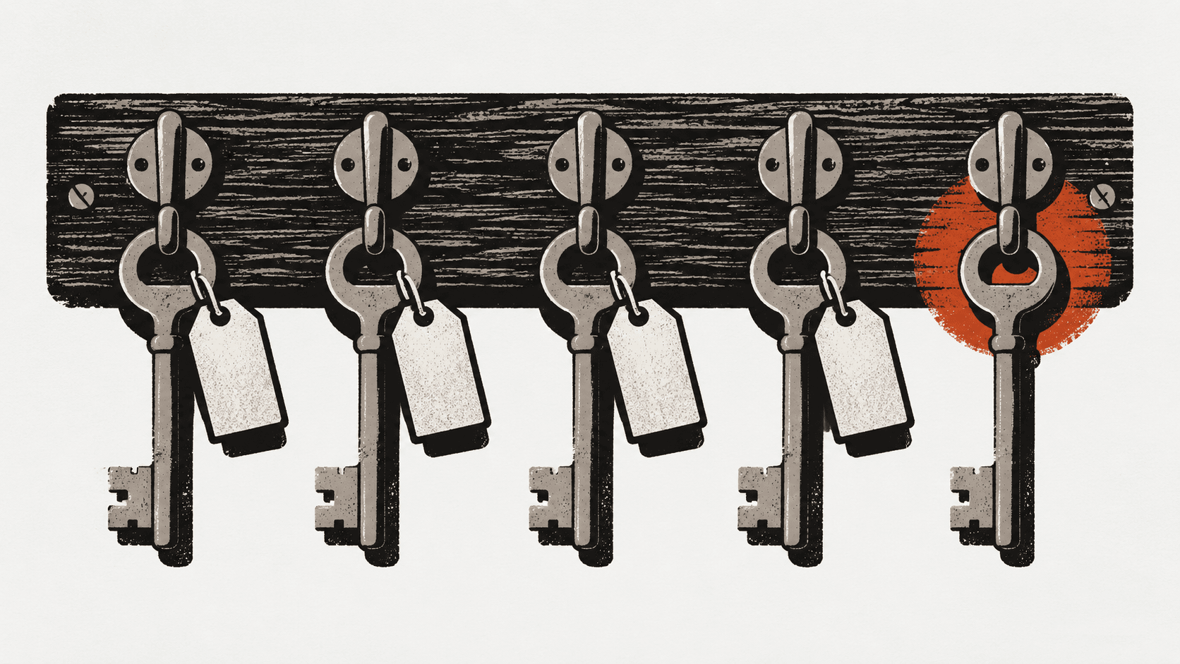 Four brass hotel keys with blank tags hang from numbered hooks on a board, while a fifth hook holds a matching key with no tag attached.