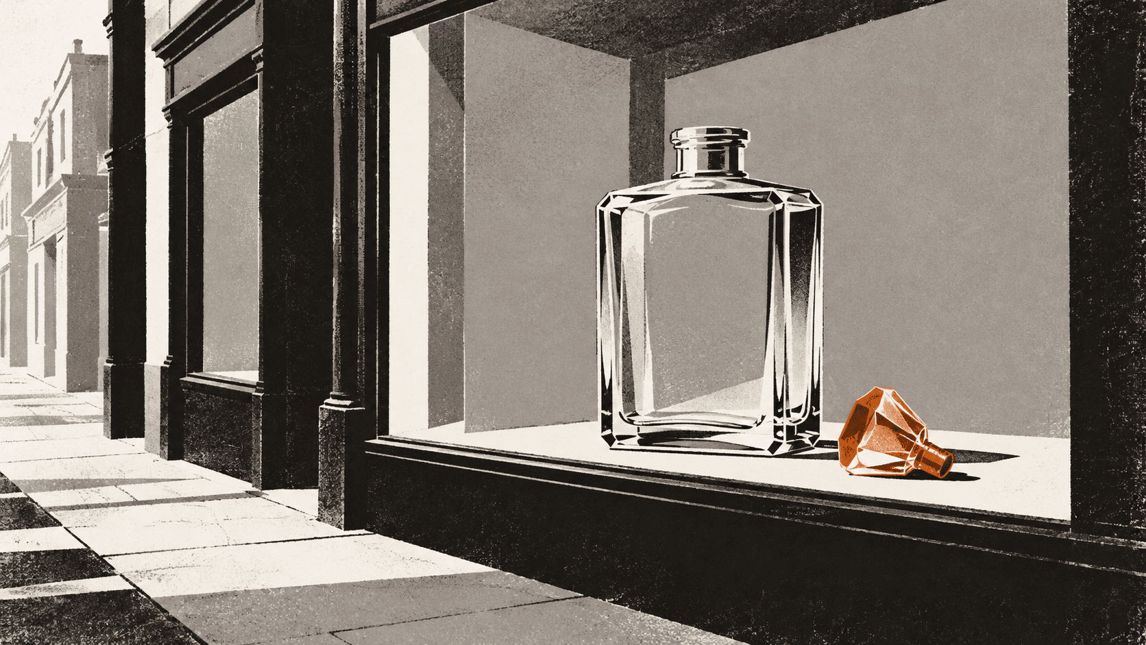 A large unlabelled glass perfume bottle stands alone in an empty shopfront window, its stopper removed and set down beside it.