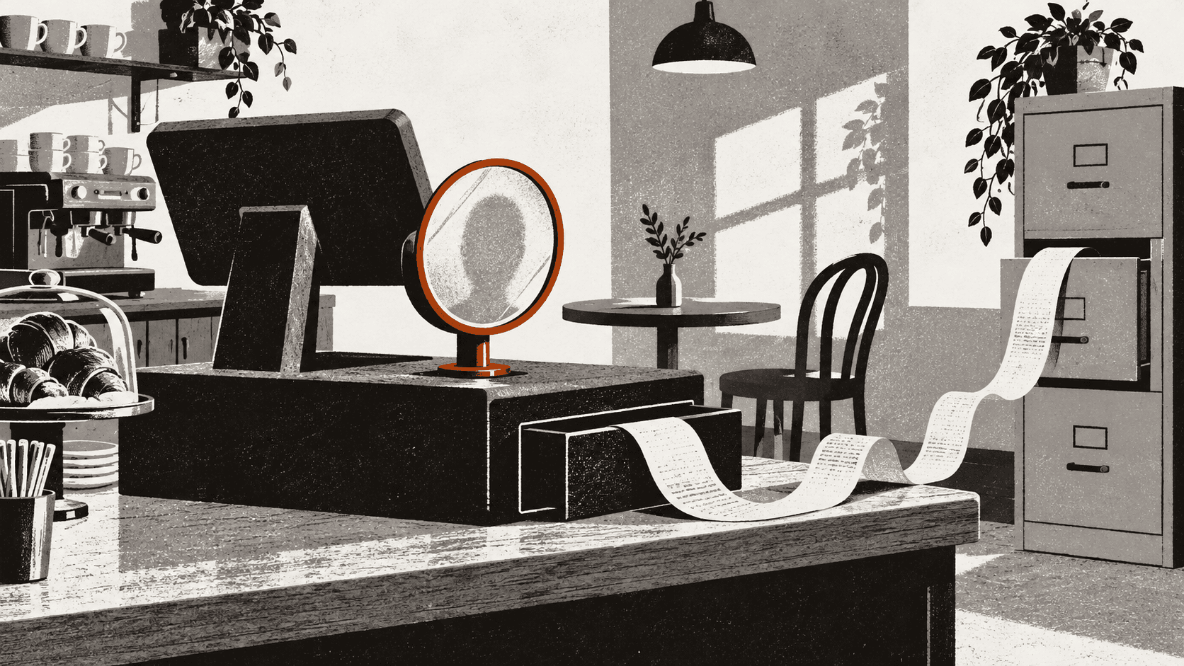 A café till with a small round mirror in place of a card reader, its receipt trailing off into an open filing cabinet drawer in the background.