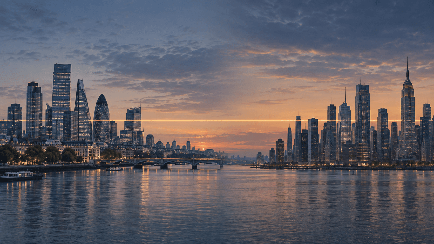 Stylised illustration of the London and New York skylines at dusk, joined by a glowing line across the middle to suggest two stock markets.