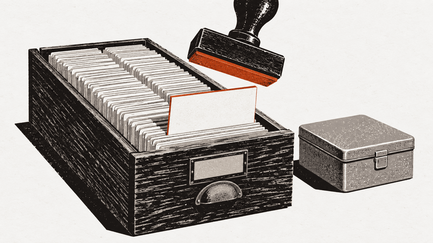 An oversized rubber stamp hovers over a single index card pulled from a crowded wooden card-catalogue drawer, beside a sealed metal box standing where an open ink pad would normally be.