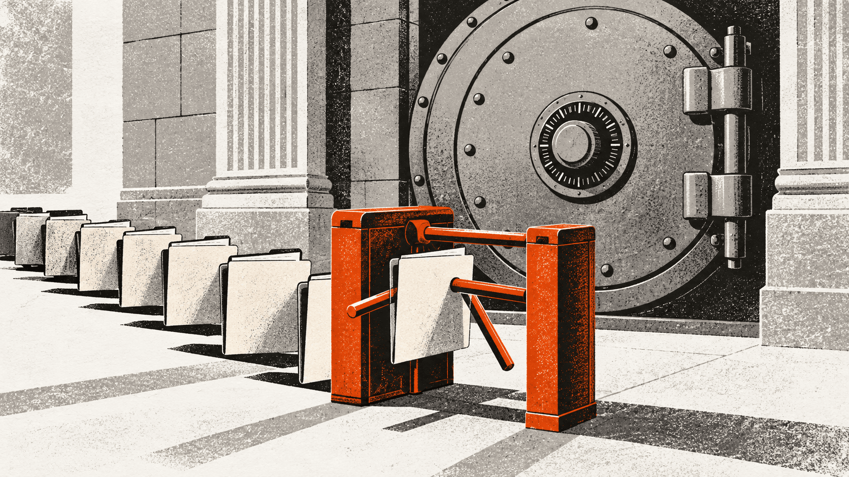 A brass turnstile filters a queue of paper mortgage application folders in front of a large closed bank vault door whose combination dial remains untouched.