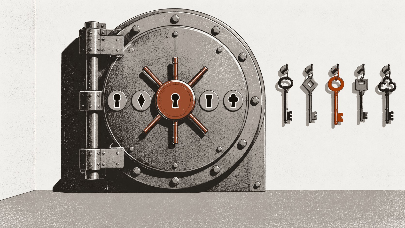 A large steel vault door fitted with several different keyholes and matching hanging keys, standing alone in an empty room.