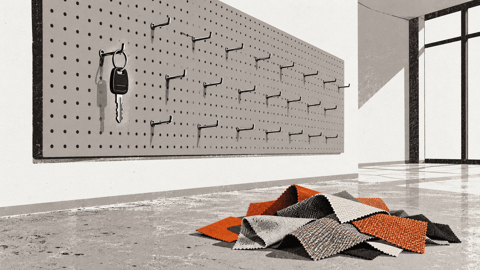 A lone car key hangs on an empty pegboard above a pile of fabric swatches left on the floor of a bare showroom.