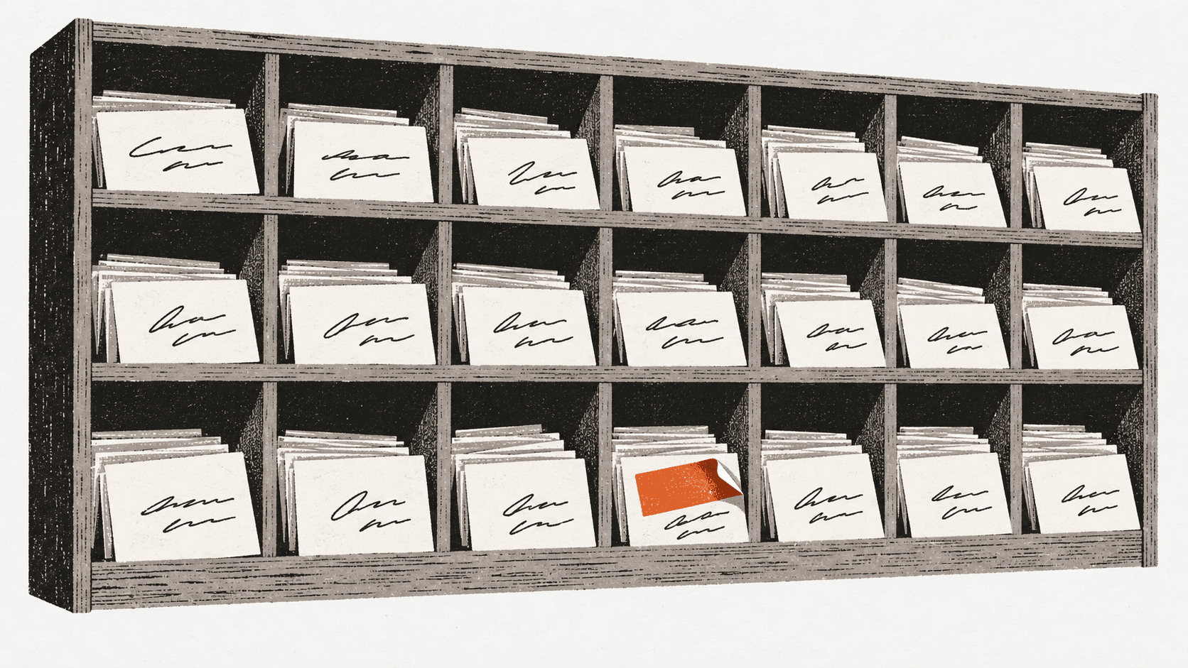 Wooden pigeonhole mail slots packed with hand-addressed envelopes, with one slot showing a plain adhesive label only half pressed over the handwriting beneath it.