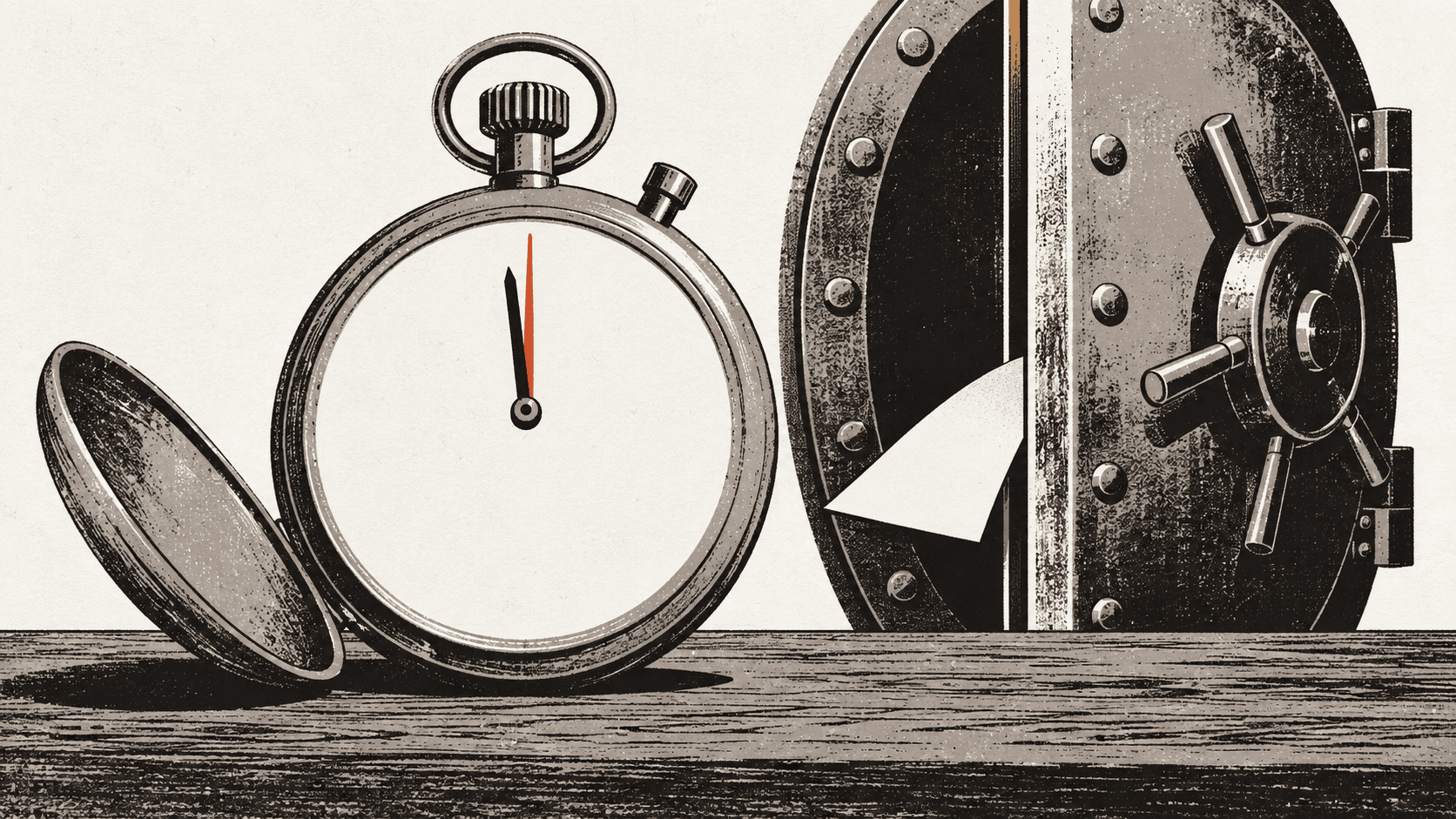 A large brass stopwatch stands on a wooden counter beside a vault door open only a crack, with a blank ledger sheet emerging through the narrow gap.