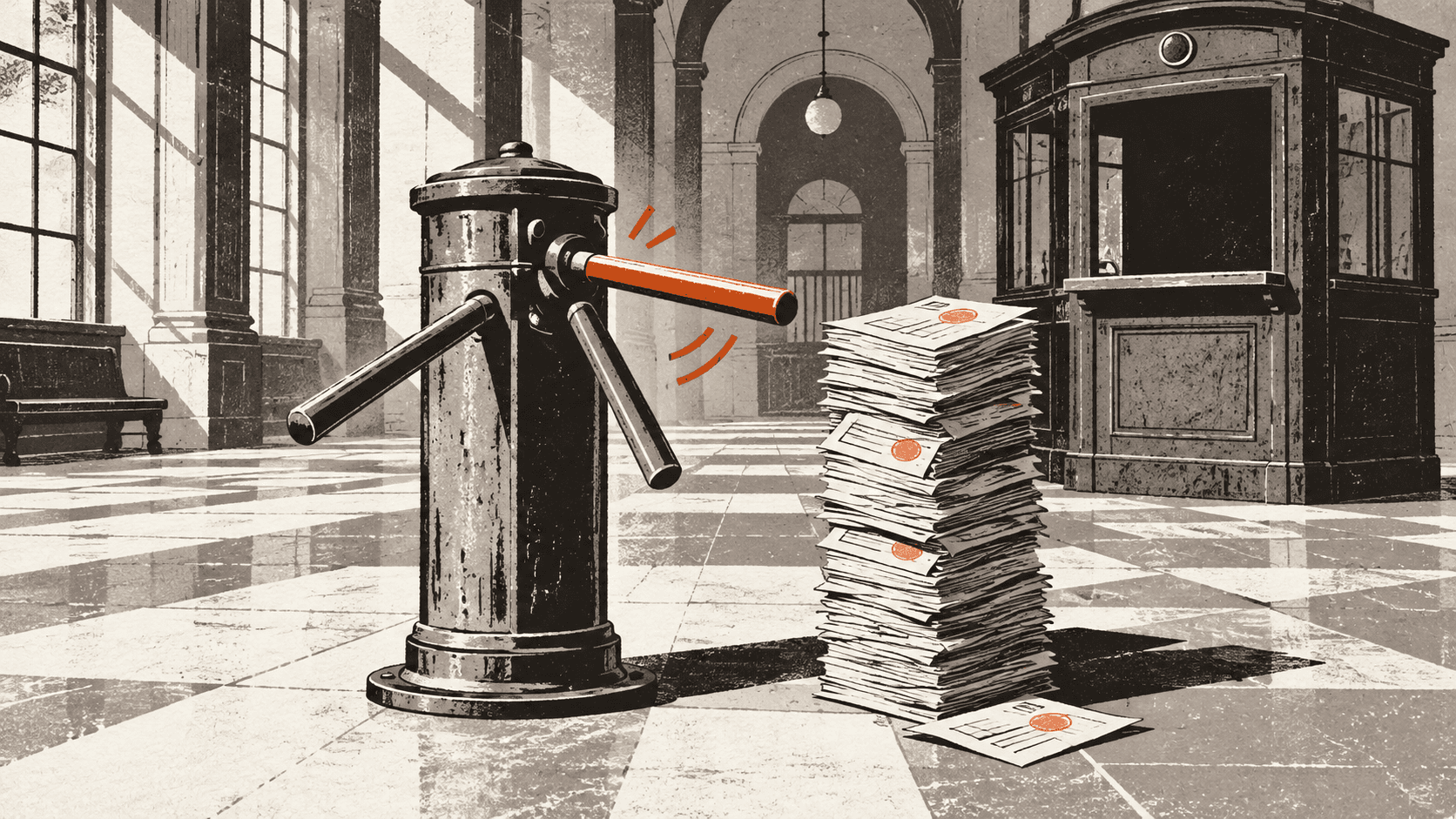 An old brass turnstile stands in an empty hall beside a tall stack of stamped ledger pages, with no attendant in the booth behind it.