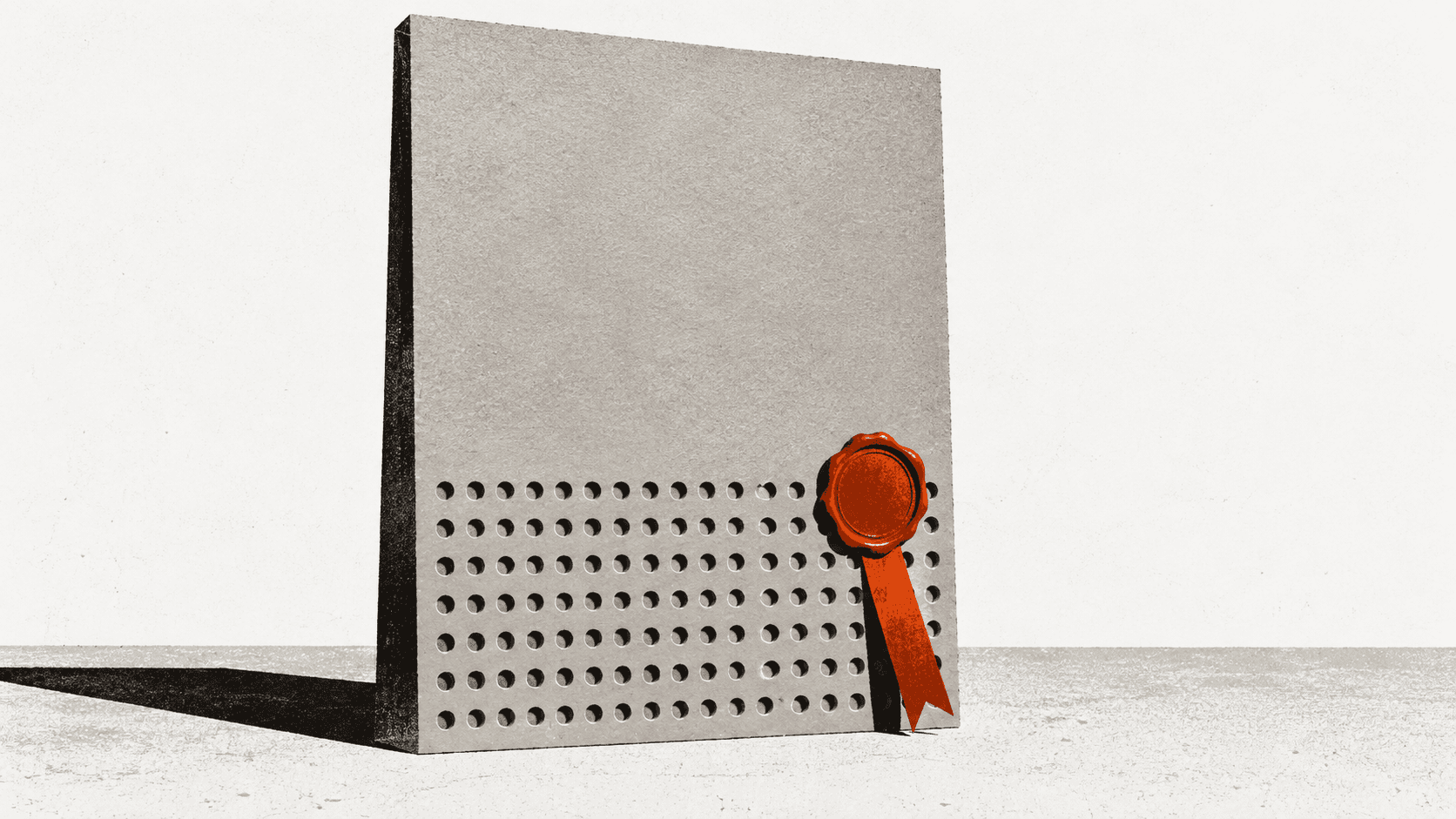 An oversized paper bond certificate with a wax seal stands upright, its lower section perforated with neat rows of punch-card holes.