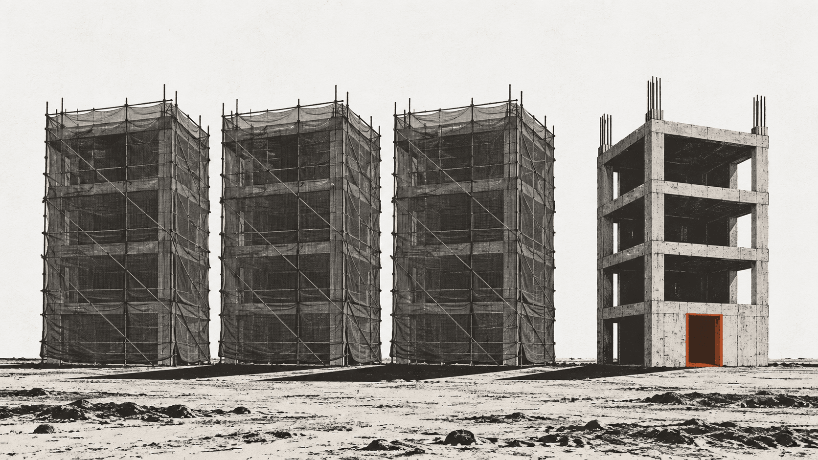 Four identical unfinished concrete building shells stand in a row on a construction site, three wrapped in scaffolding netting and the fourth left bare with an empty doorway.