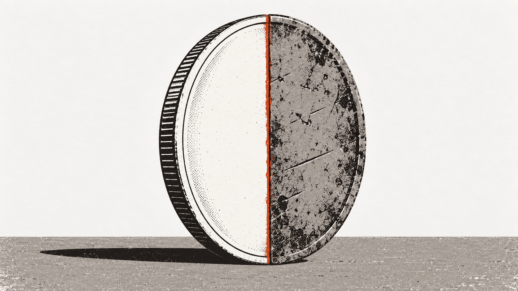 A large coin standing on a counter, split down the middle into one bright polished half and one duller worn half.