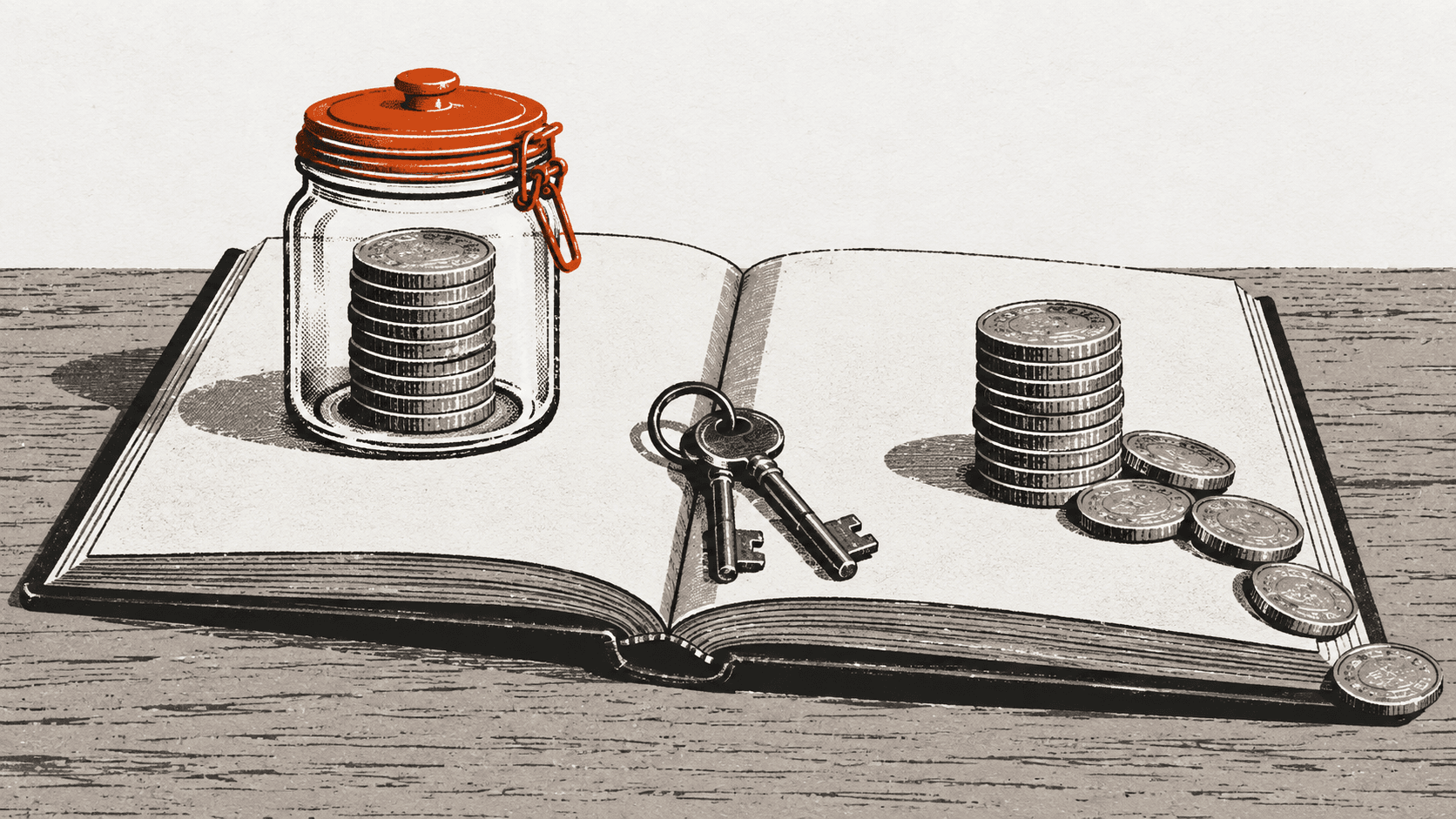 An open ledger showing coins sealed inside a lidded glass jar on one page and identical coins left uncovered on the facing page.