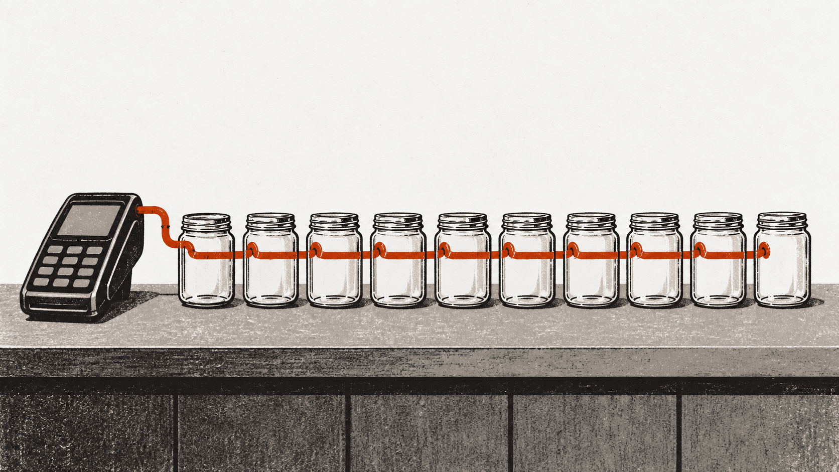 Ten glass jars stand in a row on a shop counter, connected by a thin pipe running out of a card payment terminal.