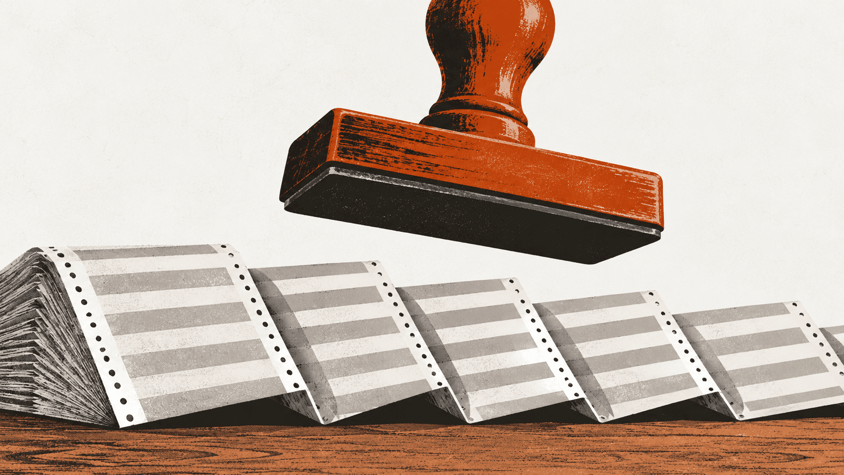 A rubber stamp hovers face-down above a folded stack of green-striped computer printout paper, its imprint hidden from view.