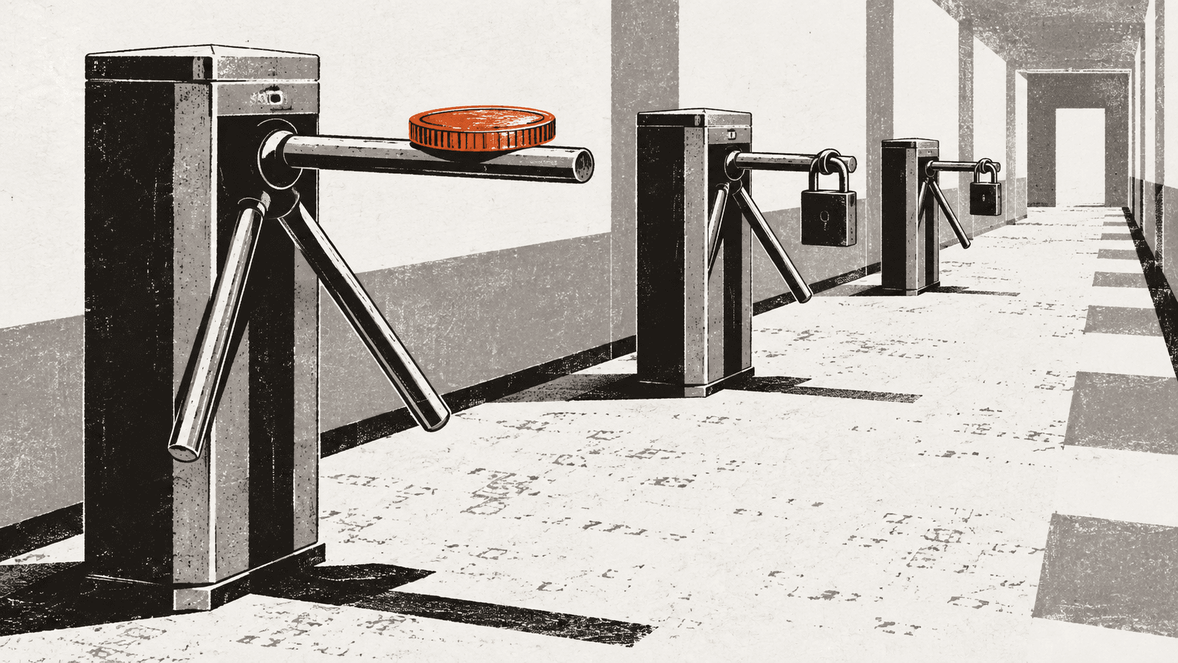 A row of three turnstiles in a corridor, the nearest one open with a large coin resting on its arm, the two turnstiles further along fitted with padlocks.