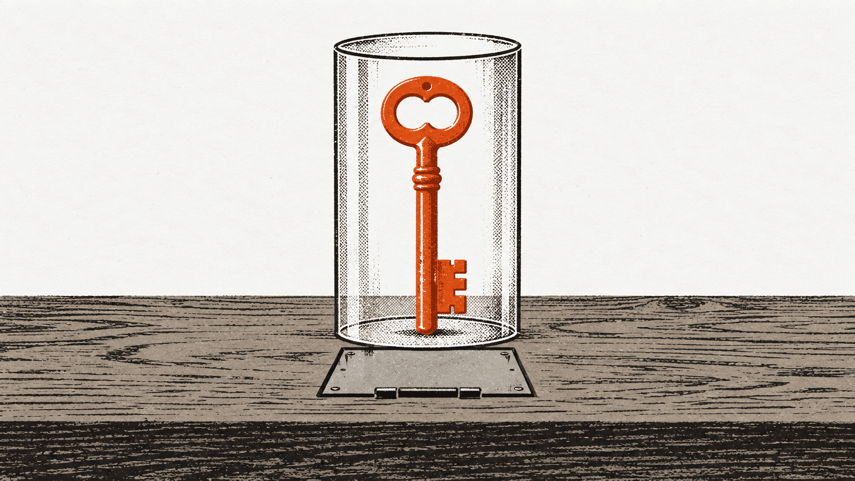 A large brass door key sealed inside a glass cylinder on an empty counter, with a small metal hatch shut beneath it.