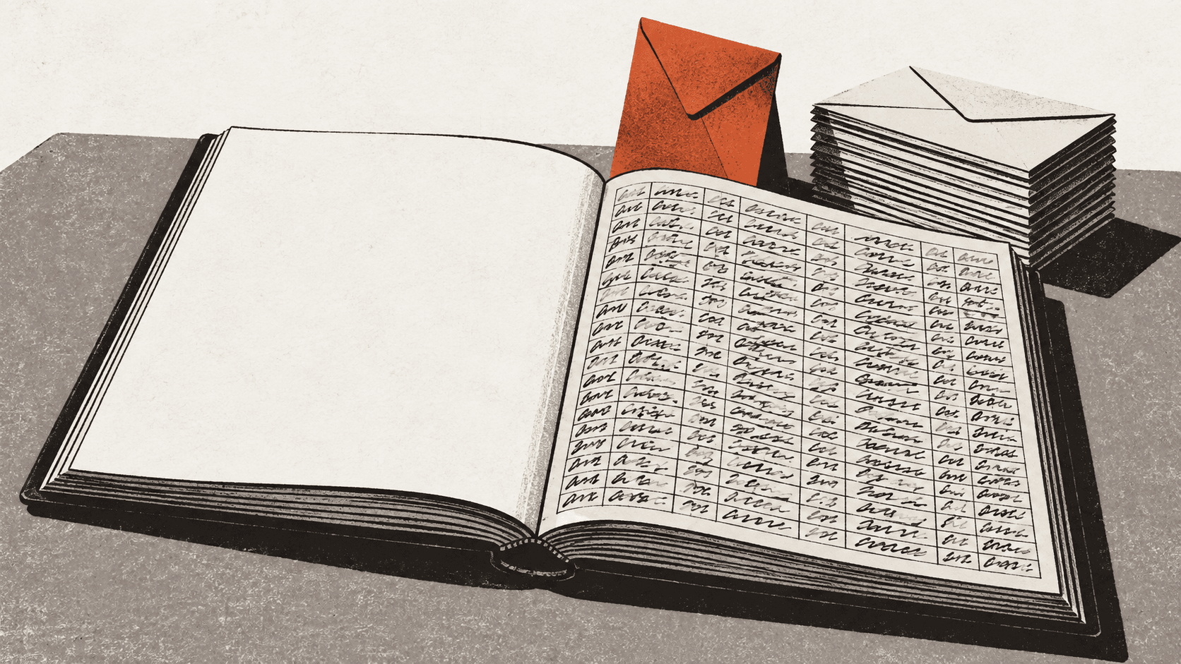 An open ledger with one page densely filled with handwritten entries and the facing page left blank, next to a stack of identical sealed envelopes.
