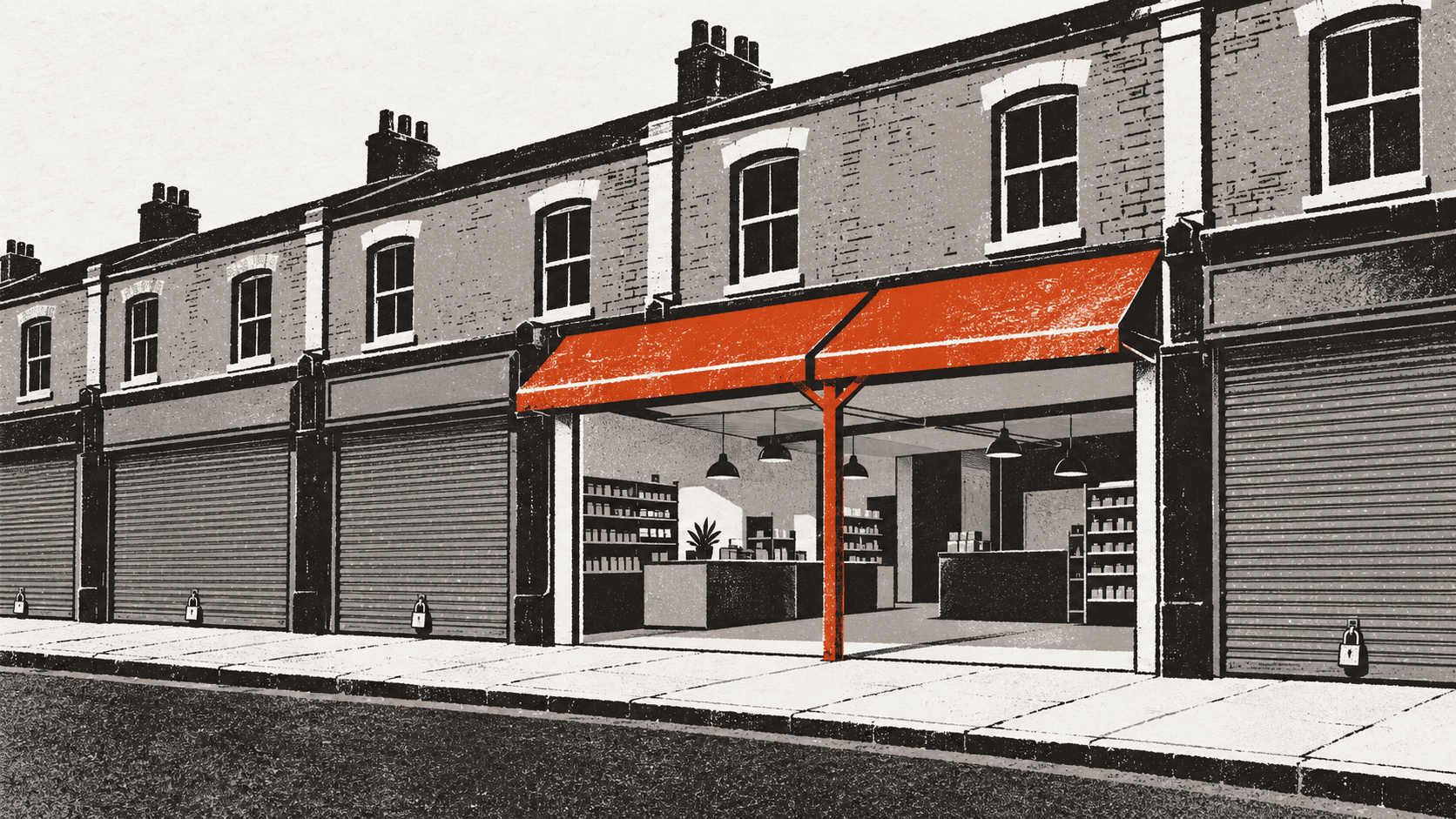 A row of shuttered high-street shopfronts with two remaining open stores joined under one shared awning pole.