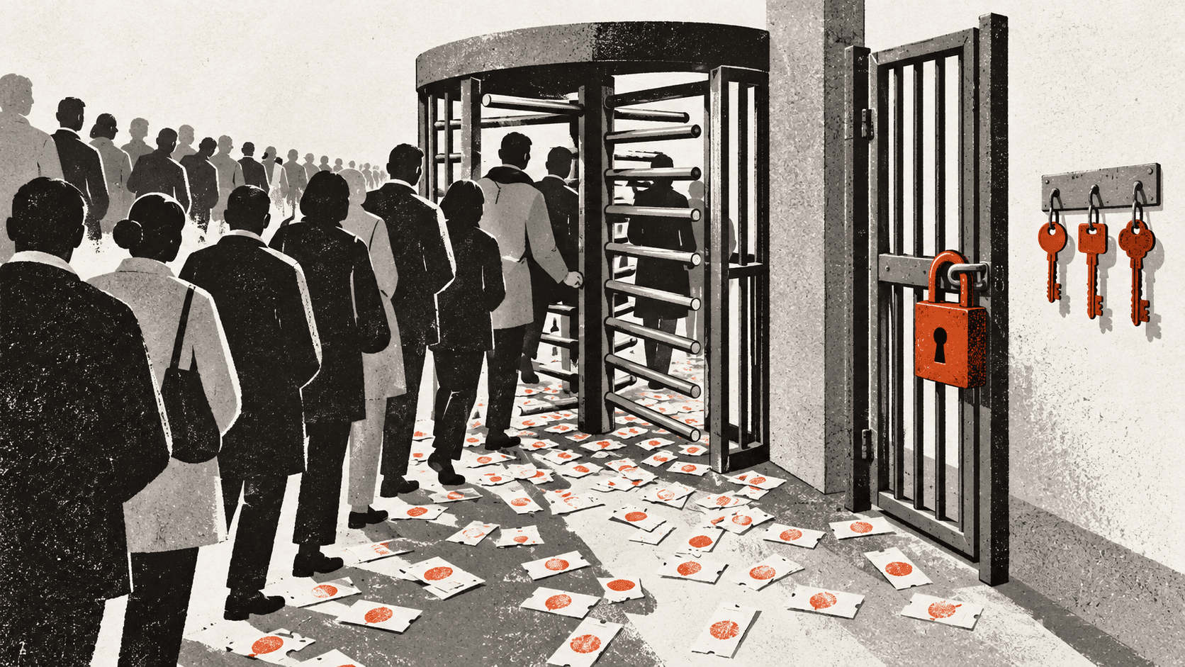 A busy turnstile surrounded by scattered paper tickets stands beside a narrower, padlocked gate with only three keys hanging next to it.