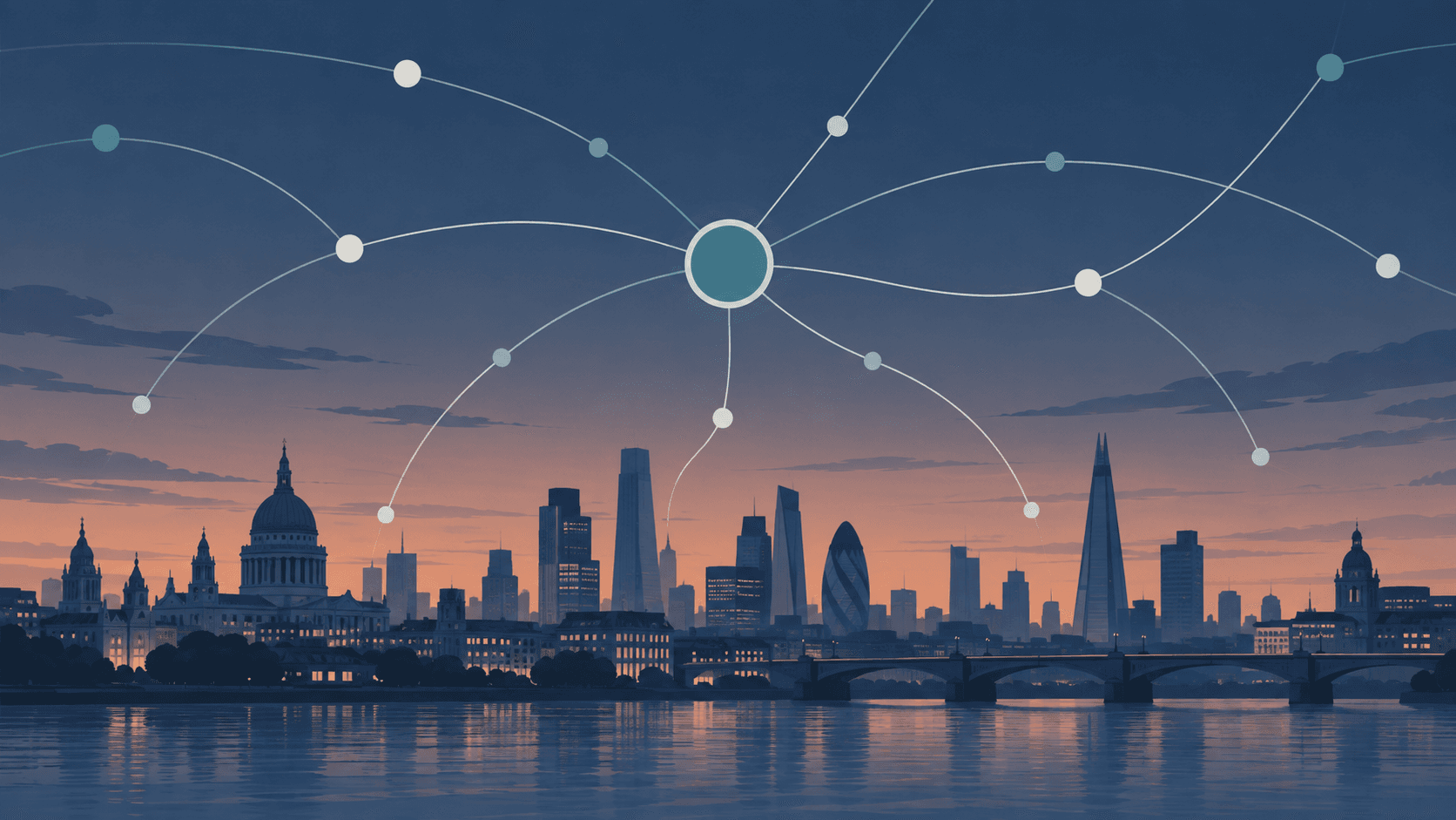 Abstract illustration of glowing network lines linking to a central hub above a stylised city skyline at dusk, representing national payments infrastructure.
