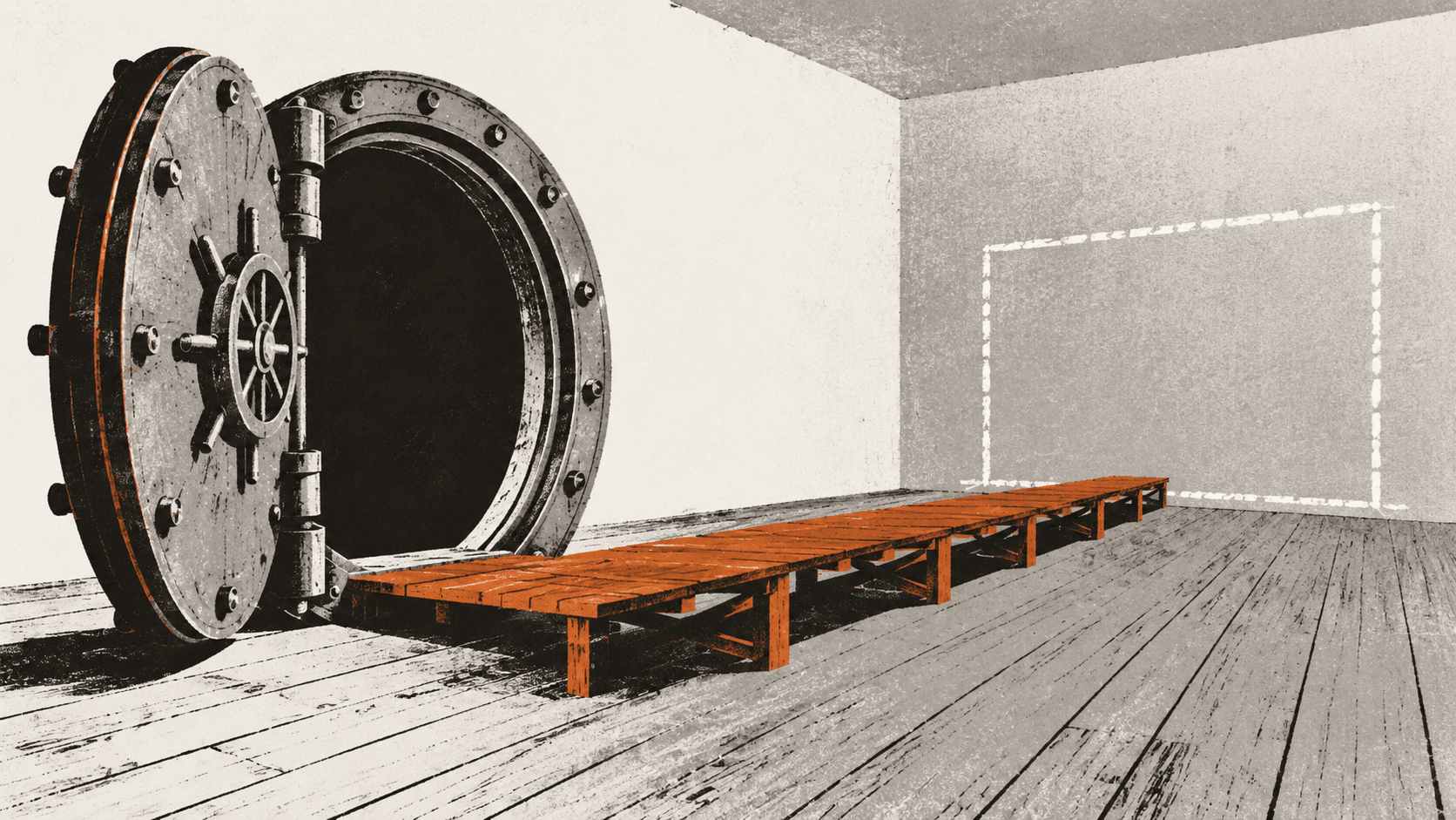An open bank vault door stands alone in an empty room, with a wooden footbridge leading from its threshold toward the outline of an unbuilt room marked on the far wall.
