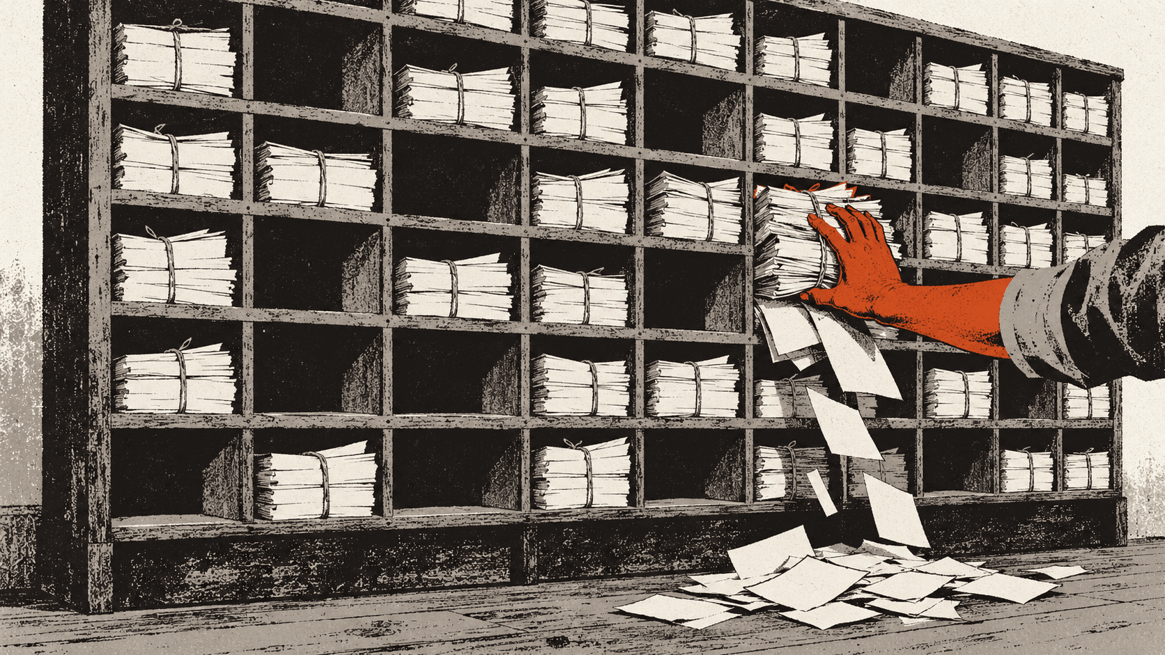 A wall of pigeonholes mostly packed with bundles of paper trade tickets, but several slots left empty, while one overfull slot spills tickets onto the floor below.