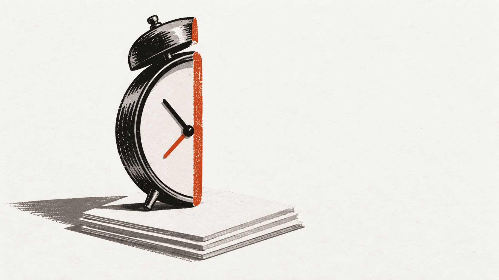 An alarm clock cut cleanly in half, standing upright on a small stack of paper settlement notes on an empty desk.