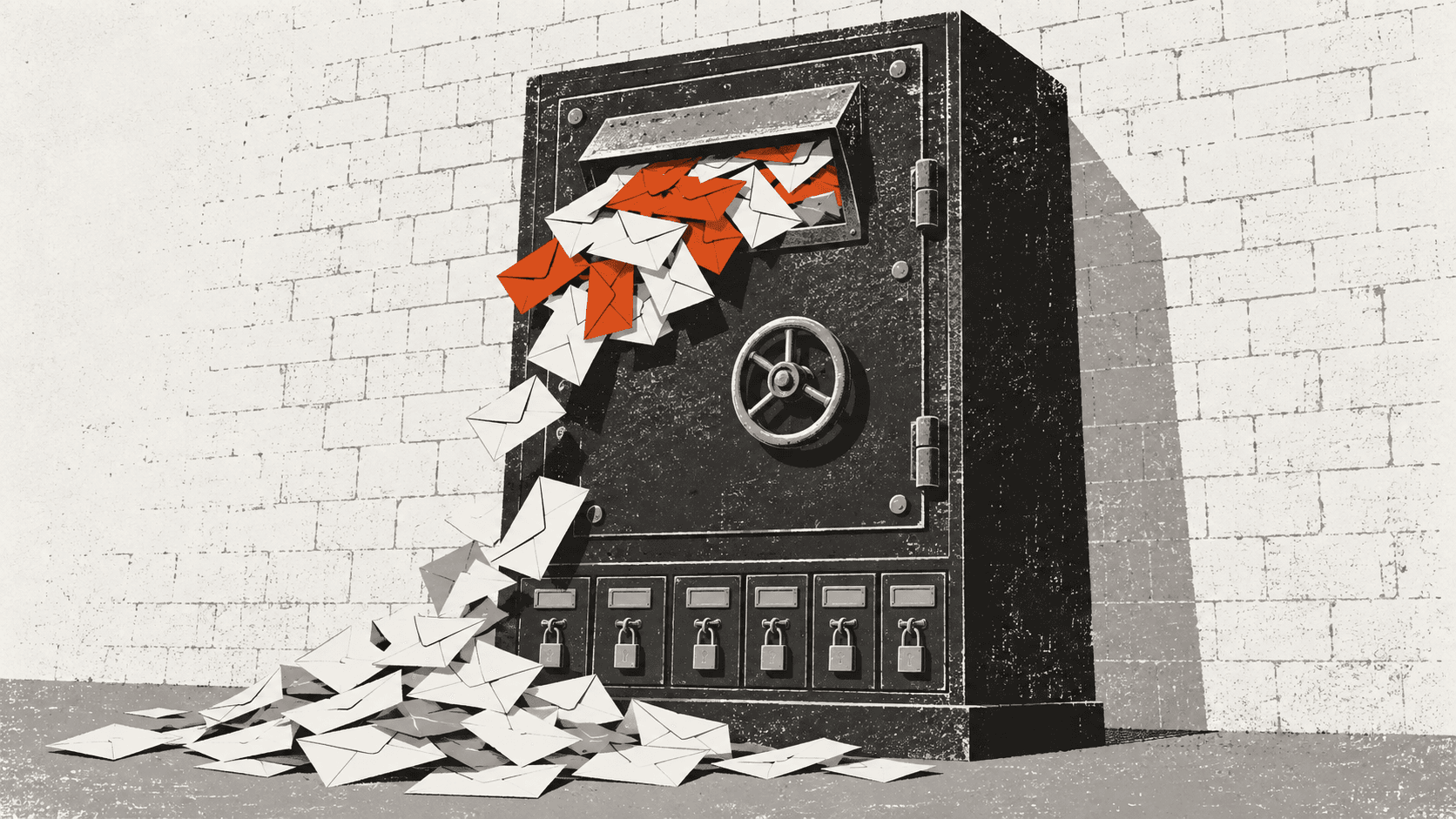 An oversized bank night-safe overflowing with envelopes, with a row of small drawers underneath it all padlocked shut.
