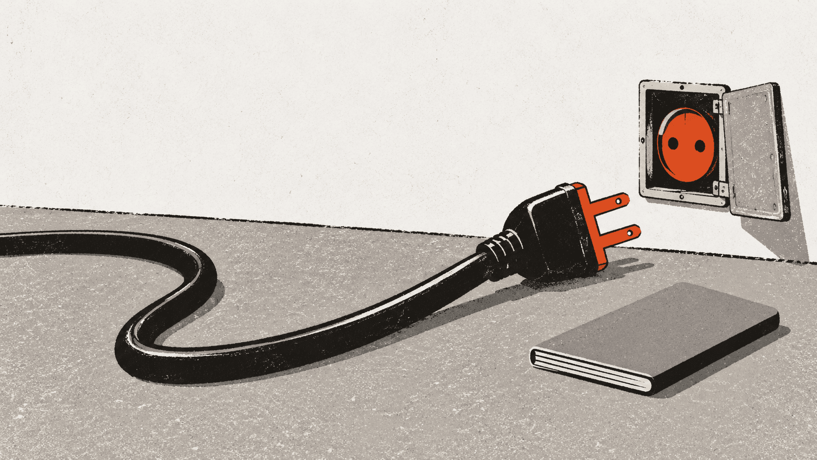 A cable lies disconnected from a wall socket next to a closed ledger book on an empty floor.