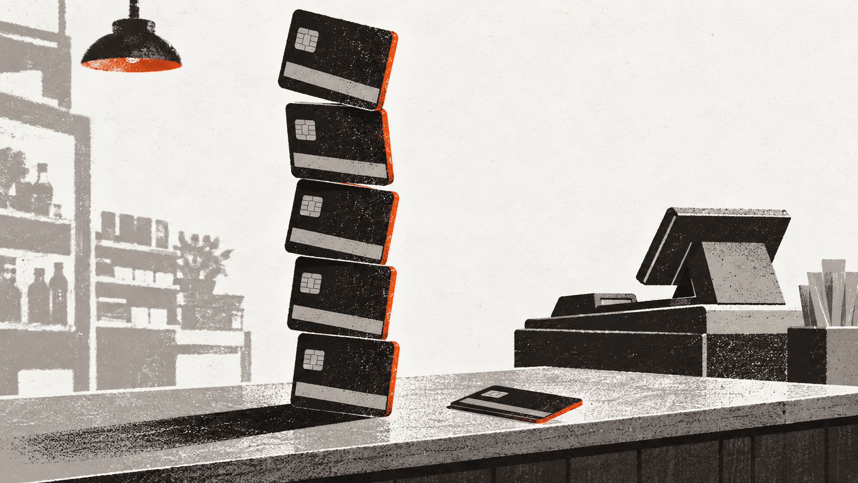 A tower of five identical bank cards stacked upright on a shop counter, leaning far taller than a single card lying flat beside it.