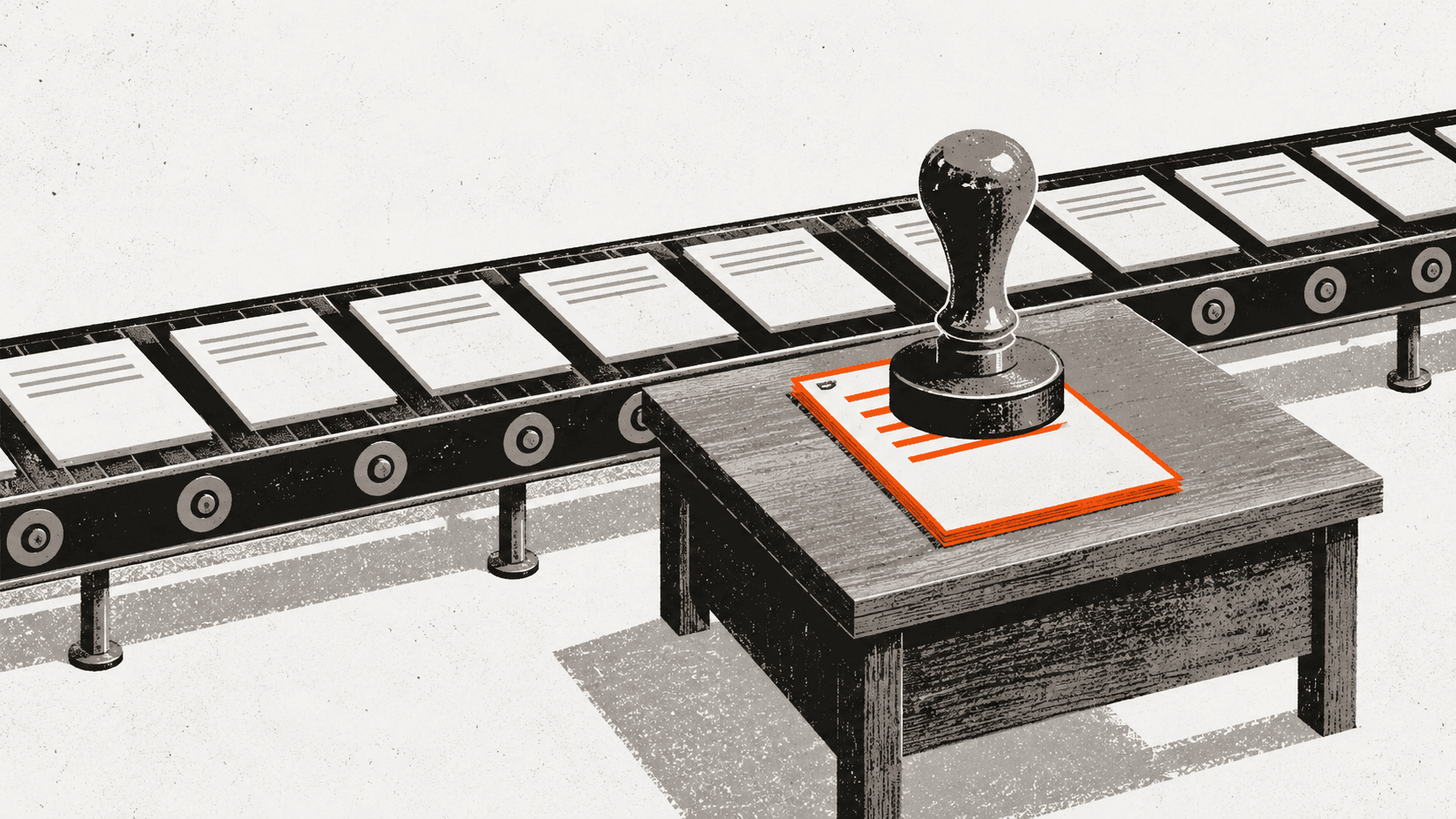 A row of identical paper forms travels along a conveyor belt, with one form pulled aside and held under a brass stamp on a desk while the others continue past.