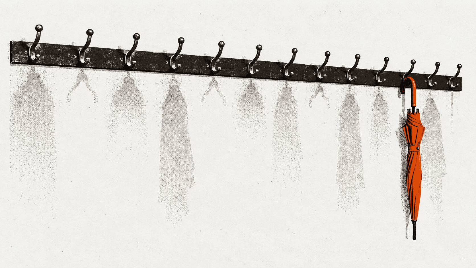 A row of hallway coat hooks where most stand empty with faint dust outlines and only a handful still hold an umbrella.