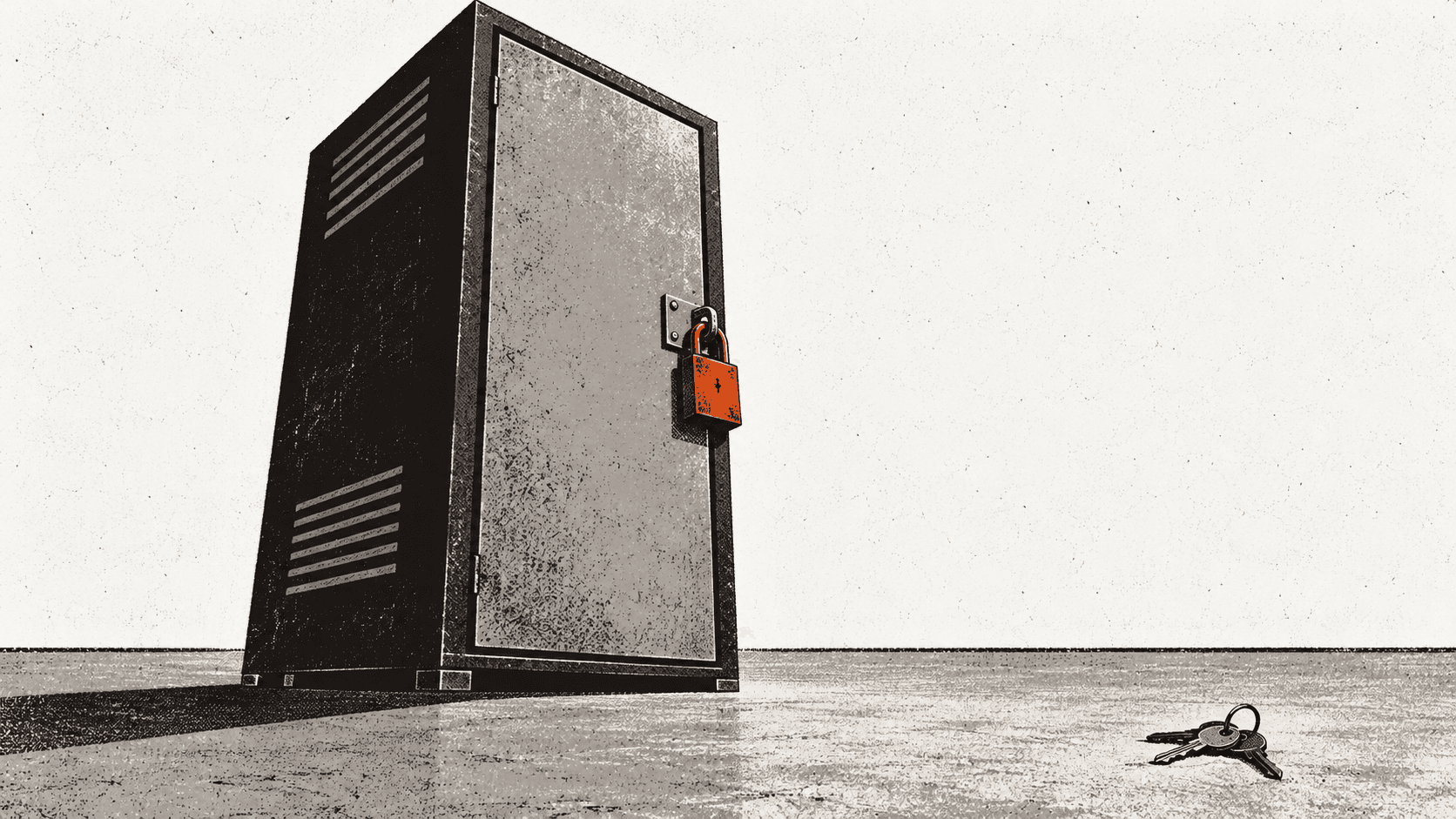 An oversized server cabinet stands alone in a bare room, its front sealed by a handleless padlocked door, while a small bunch of keys lies on the floor out of reach.
