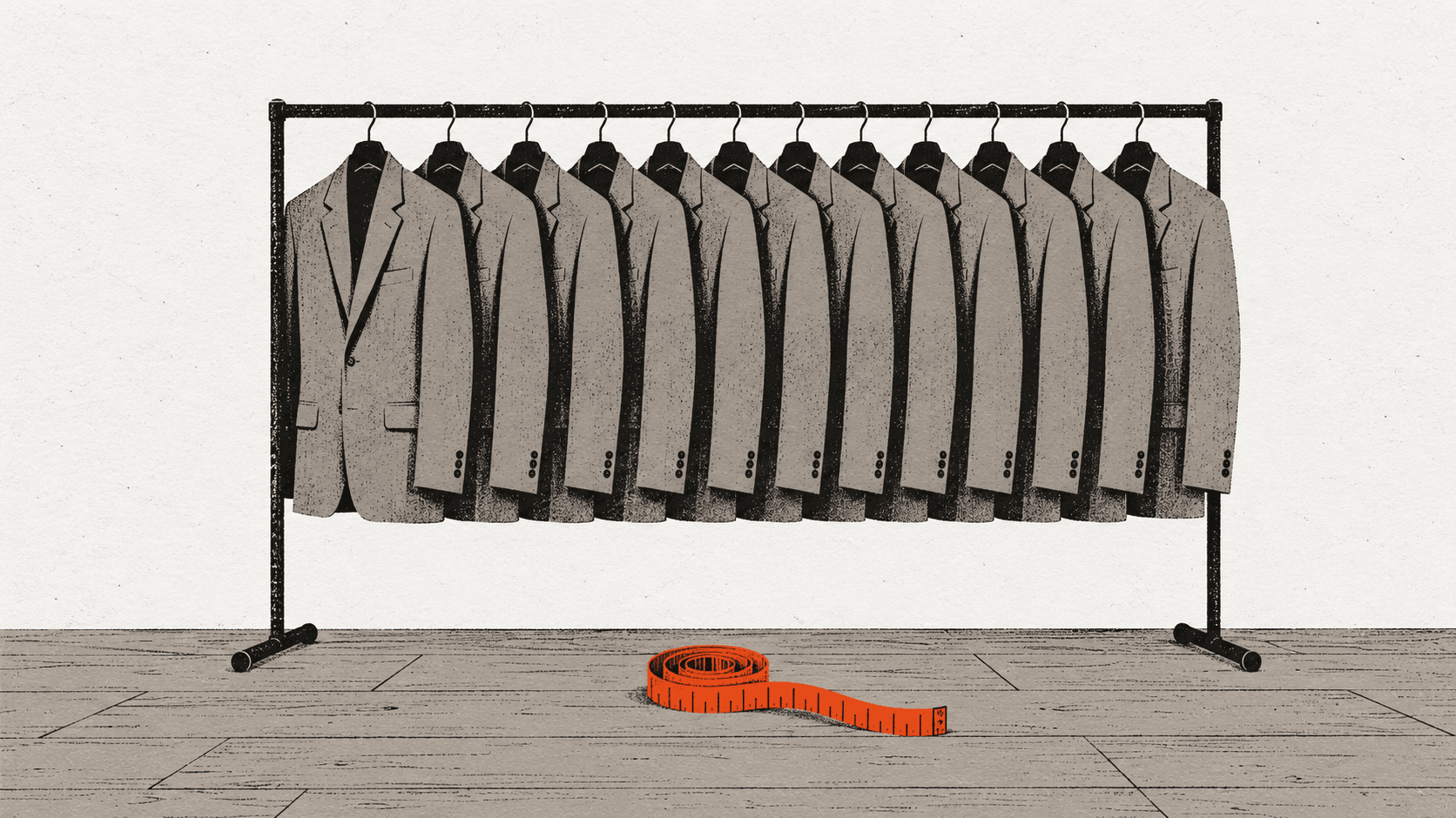 A rail of identical off-the-peg suits hangs in a bare room, with a tailor's tape measure coiled unused on the floor beneath them.