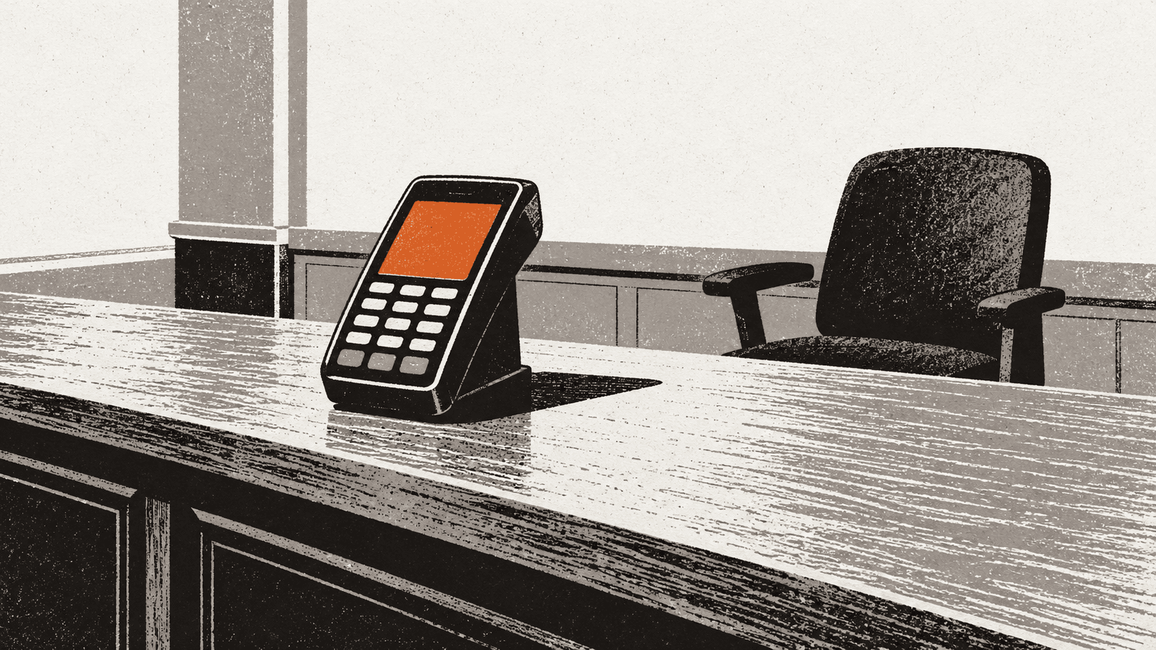 An unattended payment terminal stands on an empty bank counter with no cashier present.