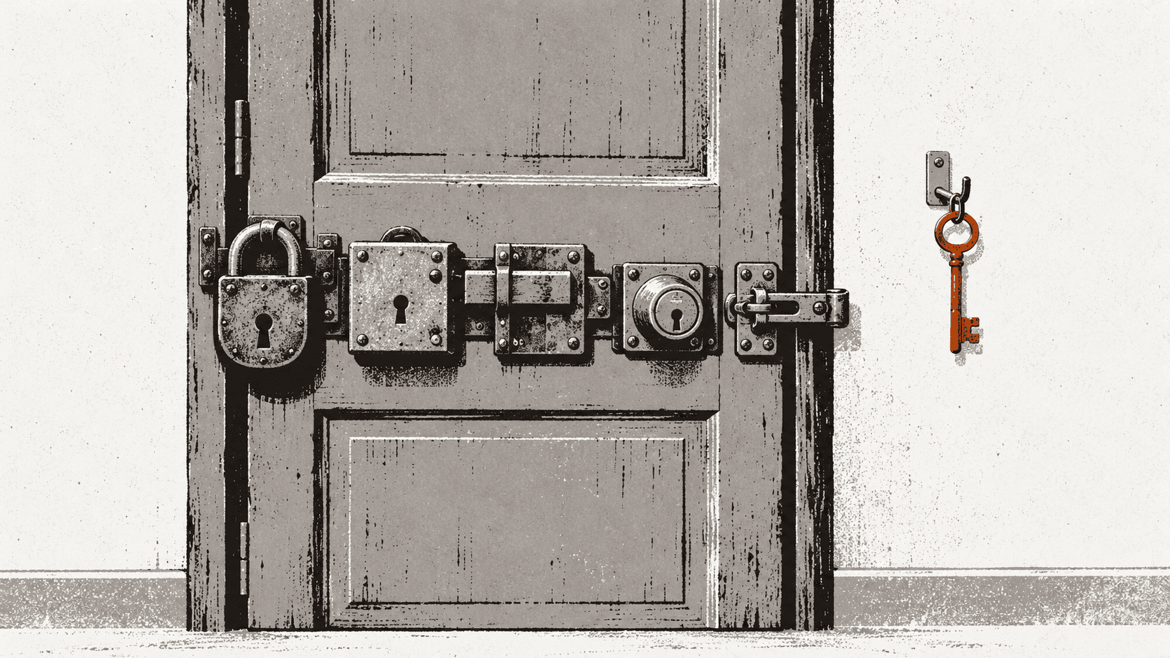A single door fitted with several mismatched locks in a row, with only one key hanging on a hook beside it.