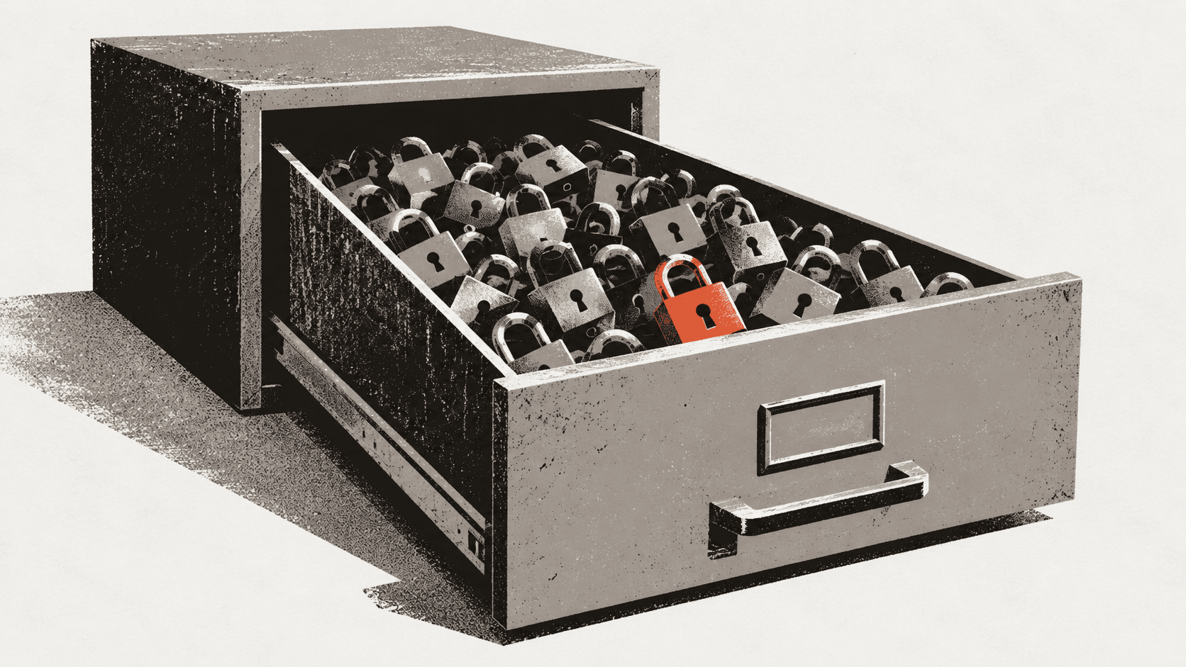 An open steel filing cabinet drawer full of small padlocks with nothing for them to secure.