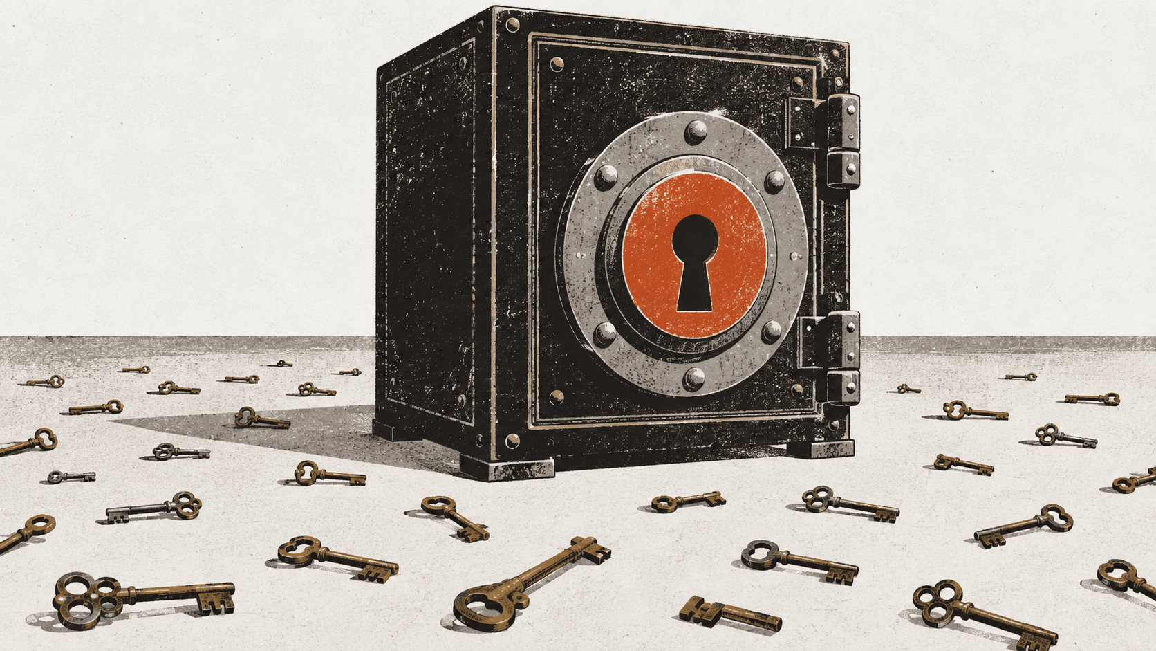 A large iron safe stands shut in an empty room, surrounded by many small brass keys scattered on the floor, none of them fitting its lock.