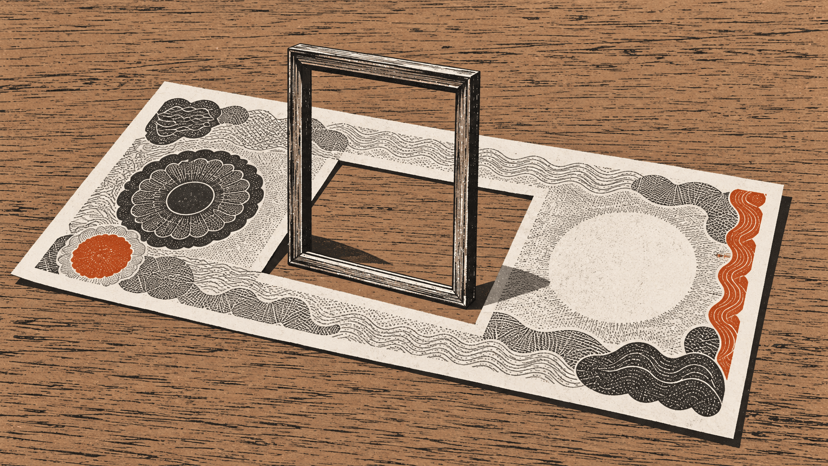 A banknote on a counter with a rectangular piece missing from its centre, framed by an empty brass border where the missing section would be.