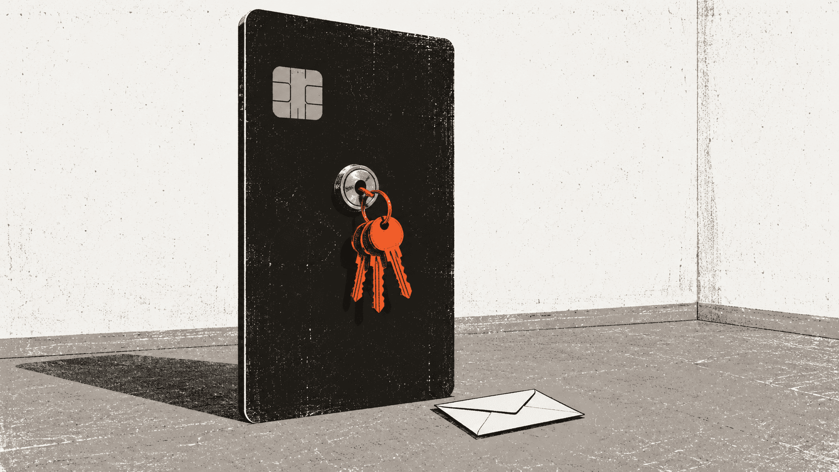 An enormous bank card stands like a door in a bare room, keys still hanging from a keyhole cut into it, with one sealed envelope on the floor beside it.
