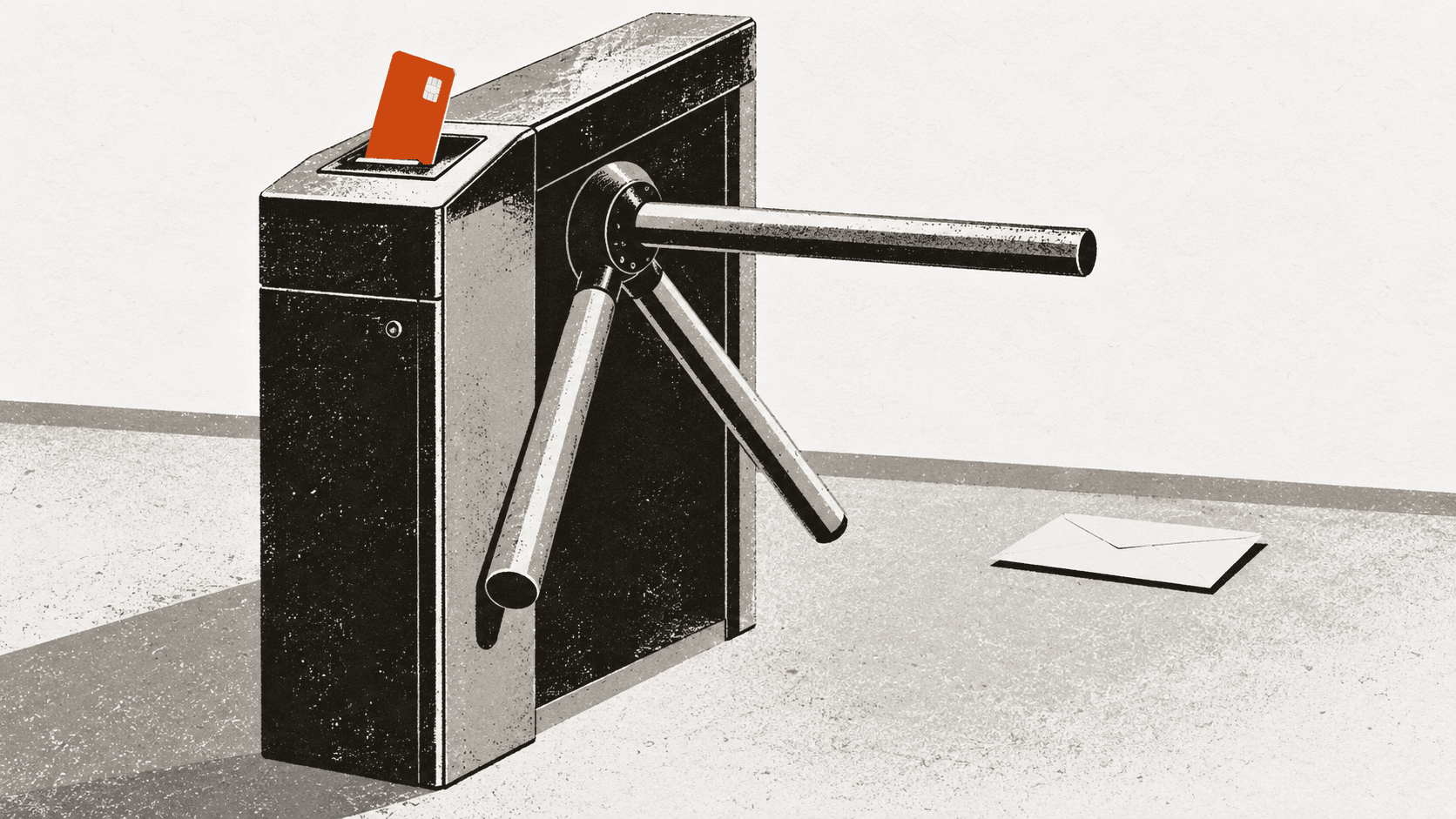 A turnstile with a bank card jammed in its coin slot and its arm only half-raised, with a pay envelope lying on the floor just beyond the gate.